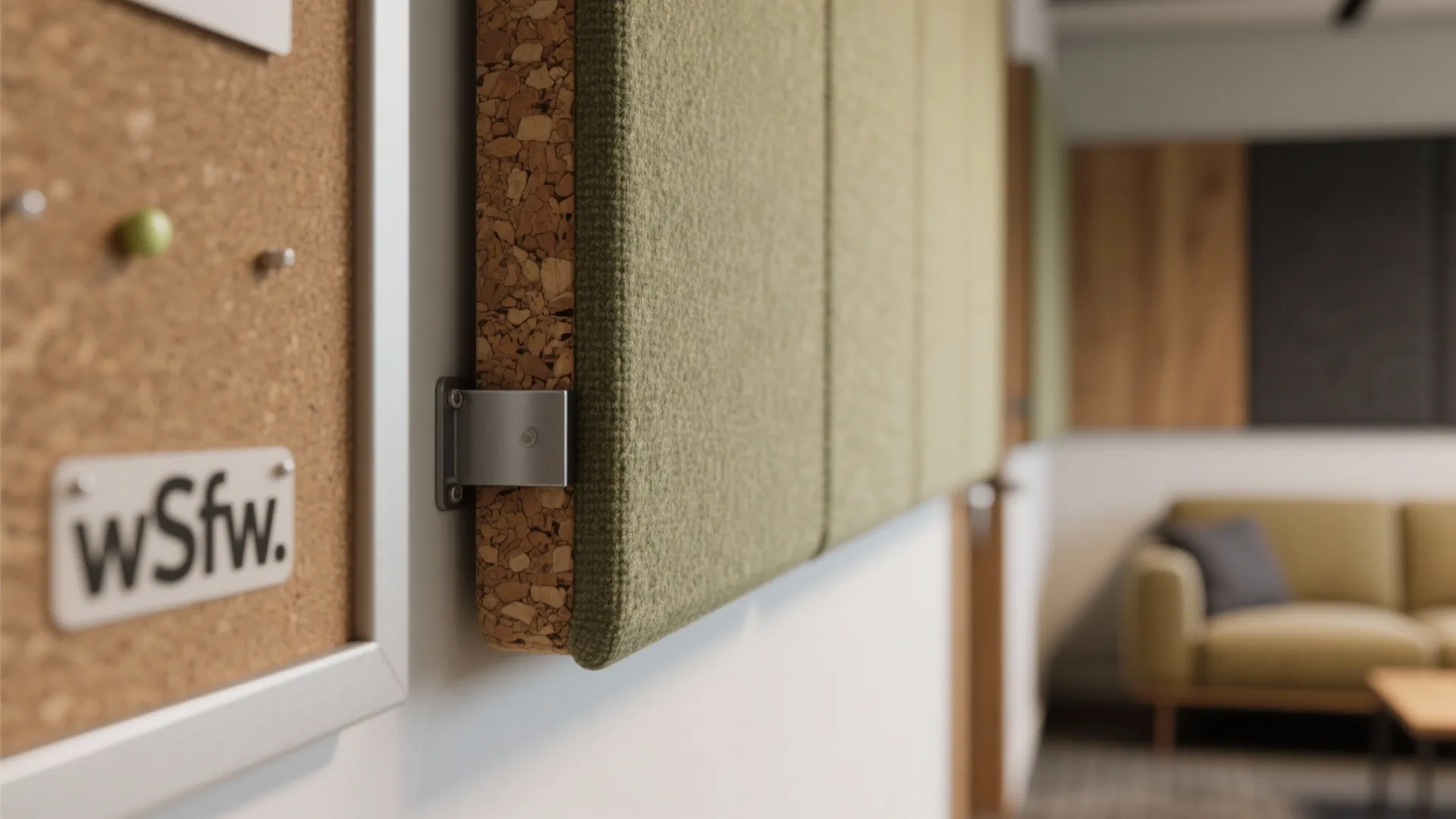Close up of green fabric wall panel with cork base mounted on white wall bracket