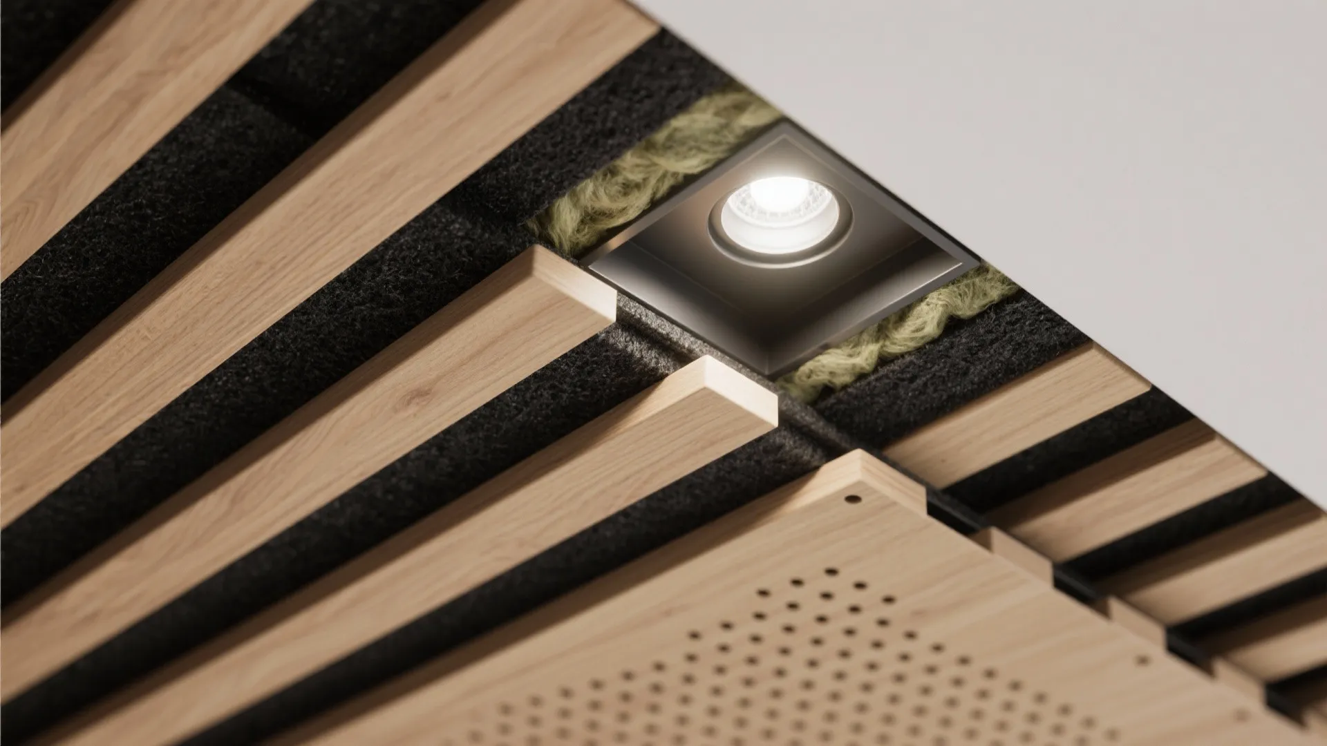 Macro of slotted acoustic wood panel with black backing and mineral wool layer.