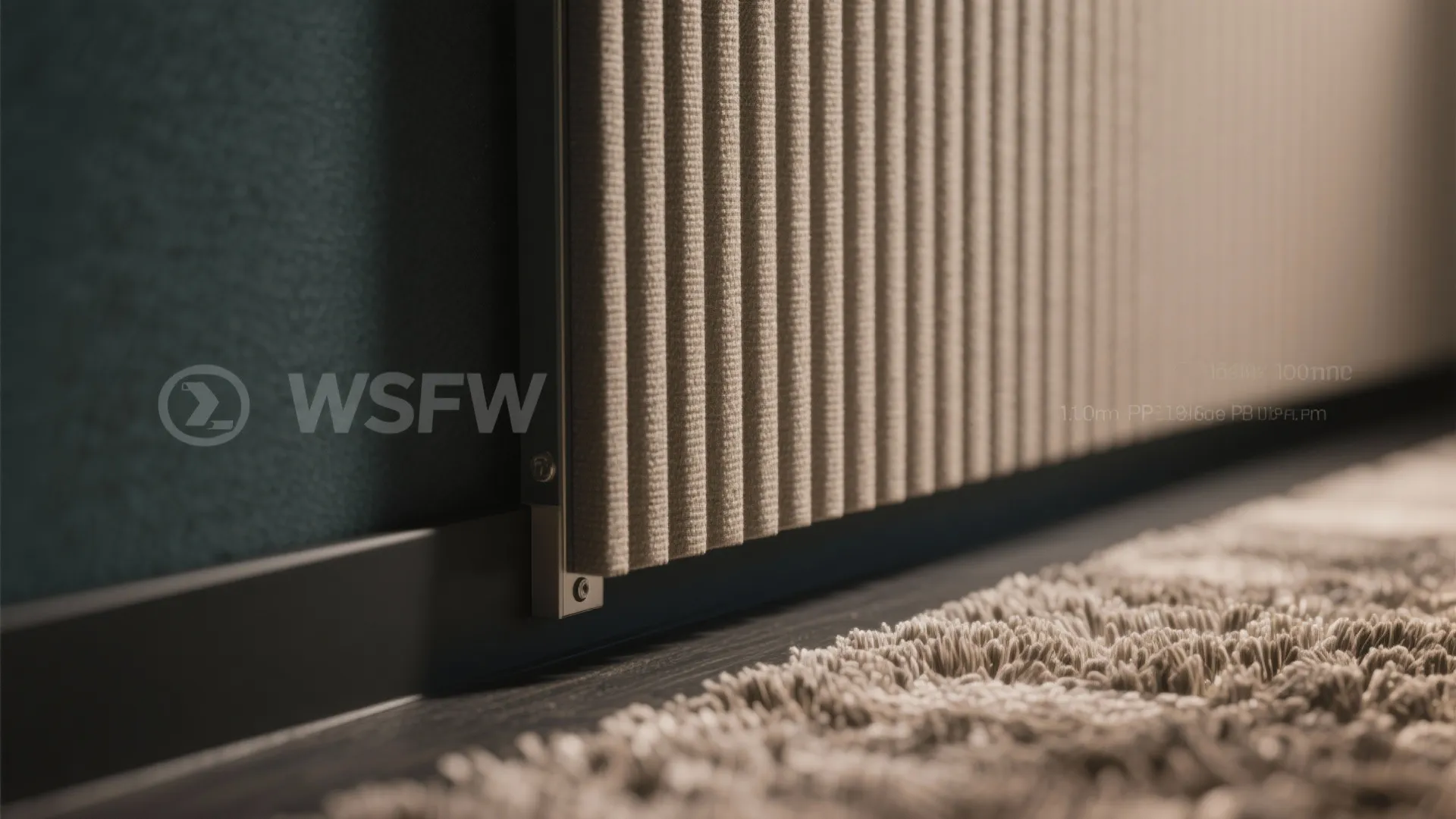 Close up of a ribbed wall panel meeting a dark wall above a soft carpet