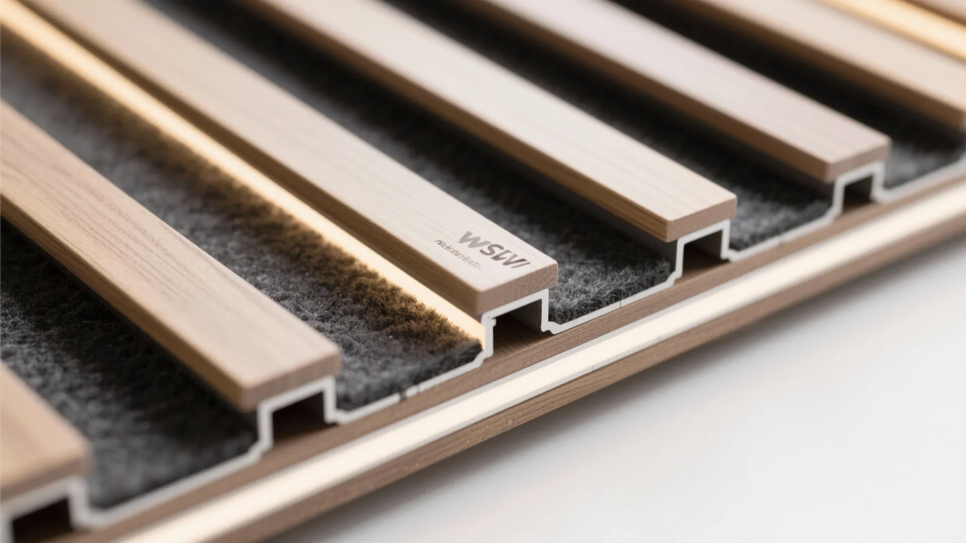 Close up of wooden wall panel strips with grey material and warm light strip inside