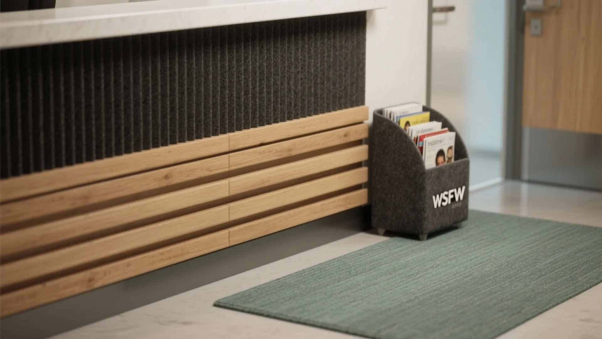 Reception desk with grey textured wall panel and wood slats next to a magazine holder