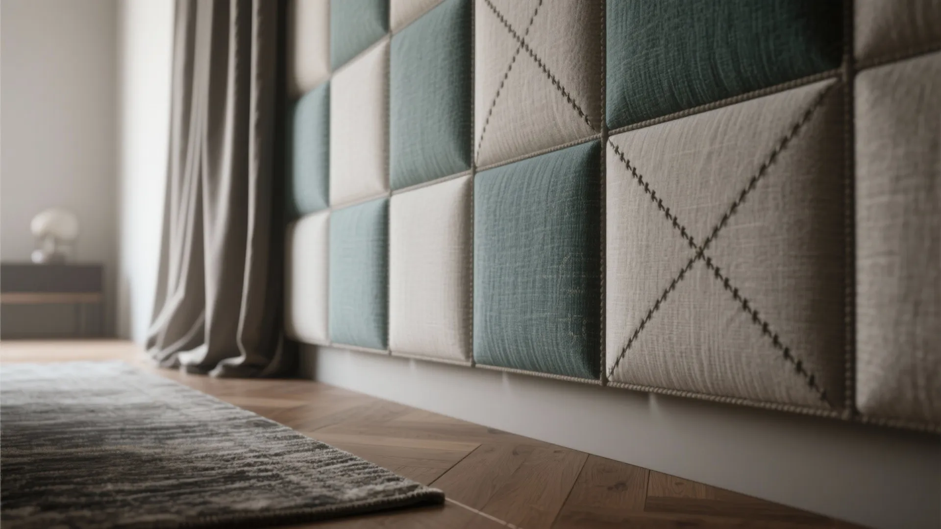 Close up of teal and beige soft wall panel design next to grey curtain and rug