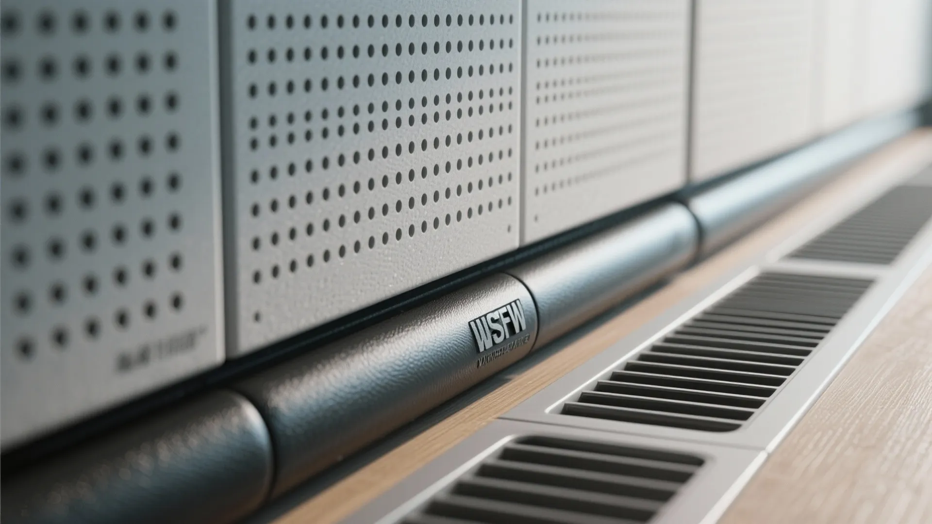 Grey wall panels with small holes above a black padded rail and a metal vent