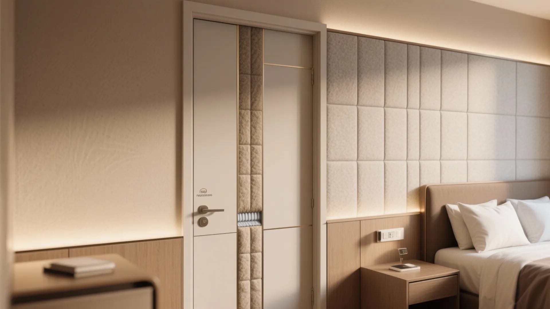 Macro cutaway showing door drop seal, double gypsum layers with insulation, and isolated headboard.