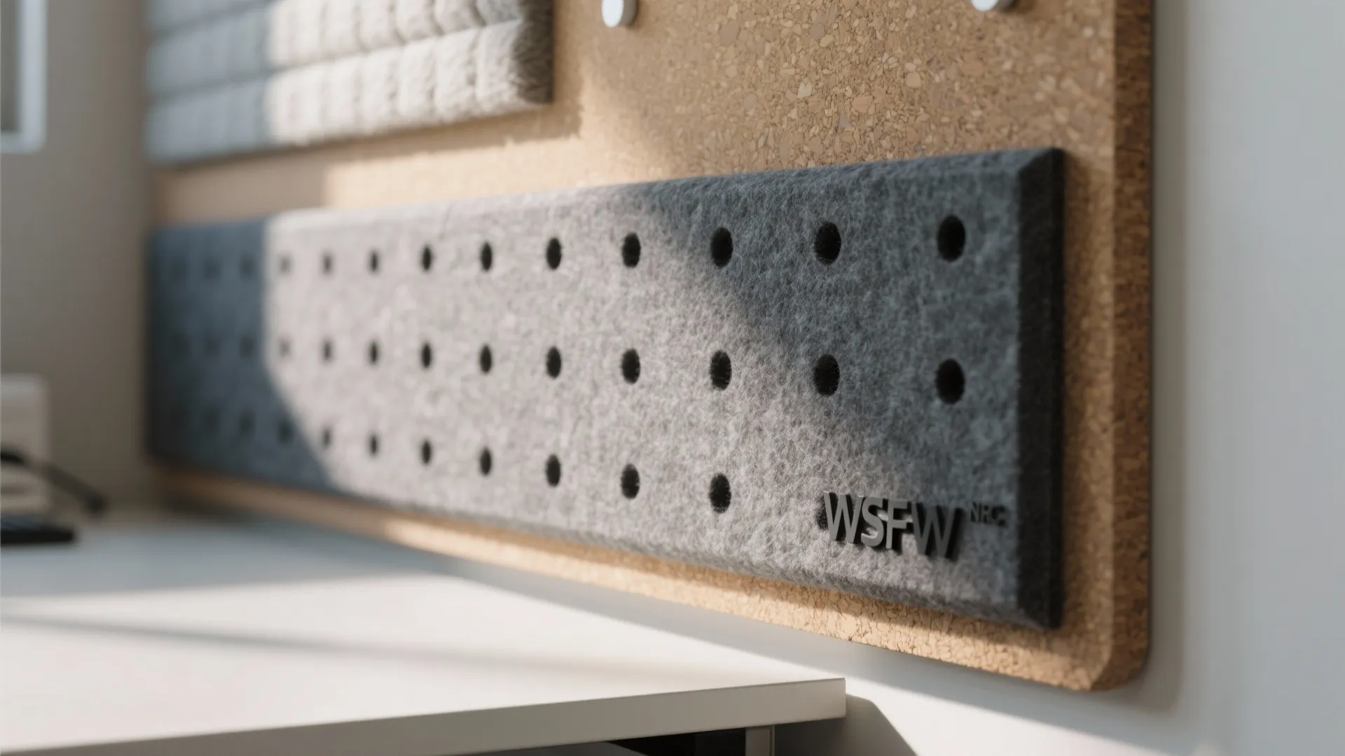 Close up of a cork board with a grey felt panel on a white office desk