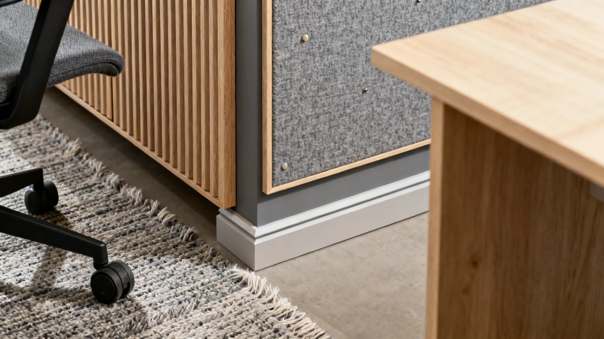 Macro view of fabric pinboard, low-pile rug, and acoustic panel textures used for sound control.