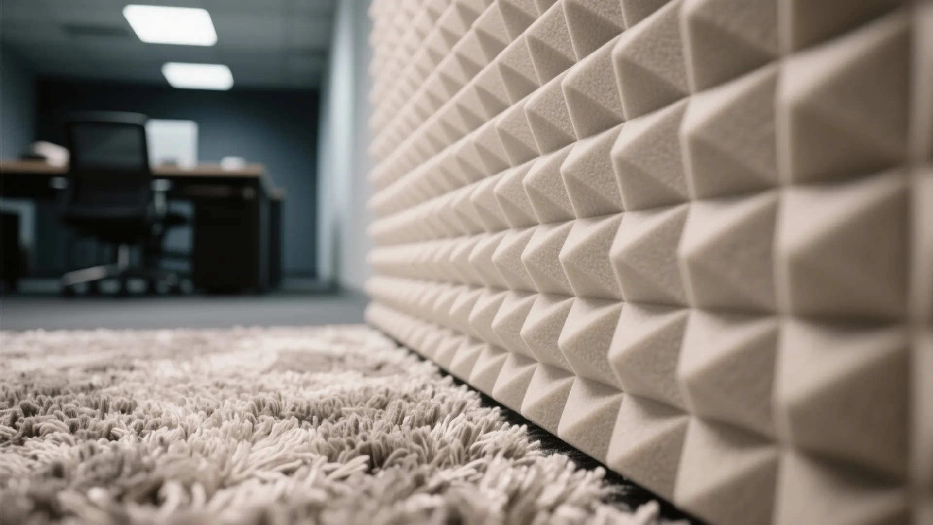 Close-up of acoustic panel texture and soft rug fibers