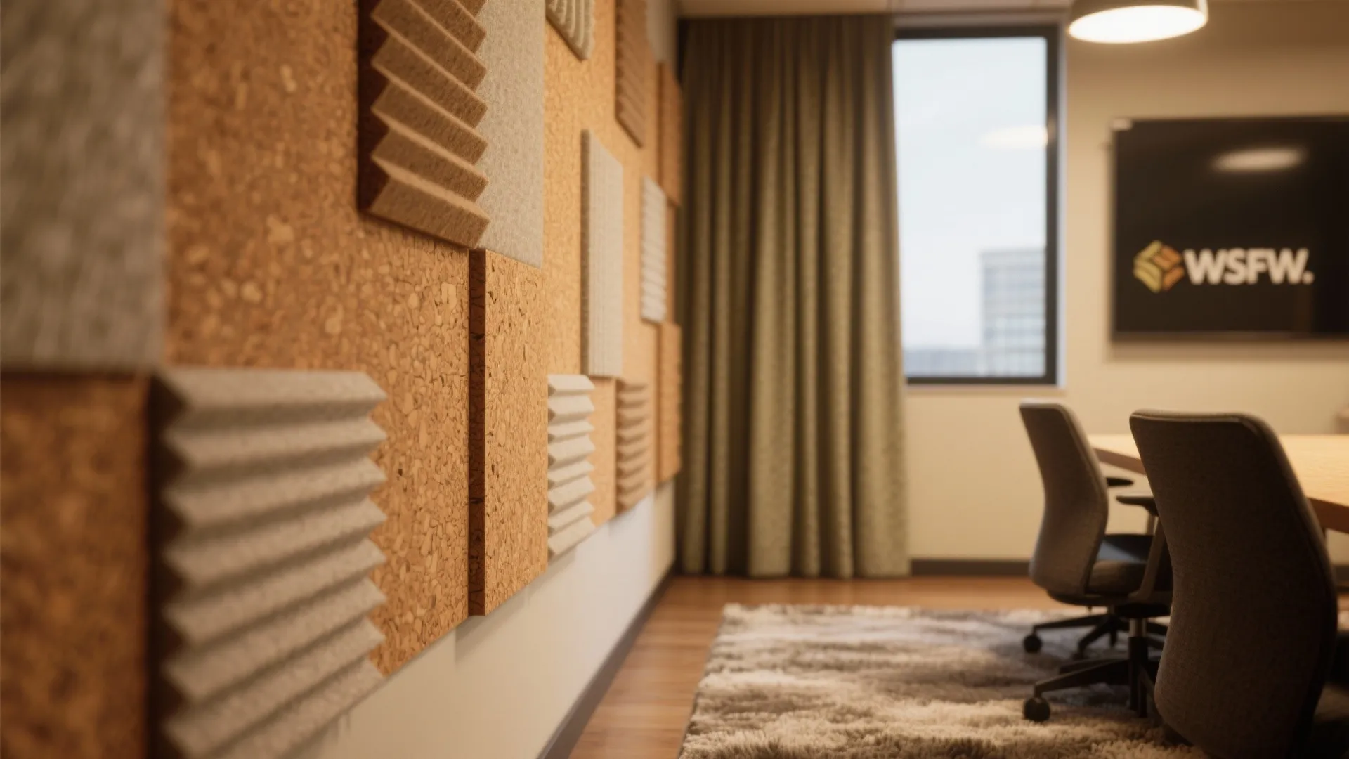 Close-up of cork panels and soft fabrics for acoustic improvement