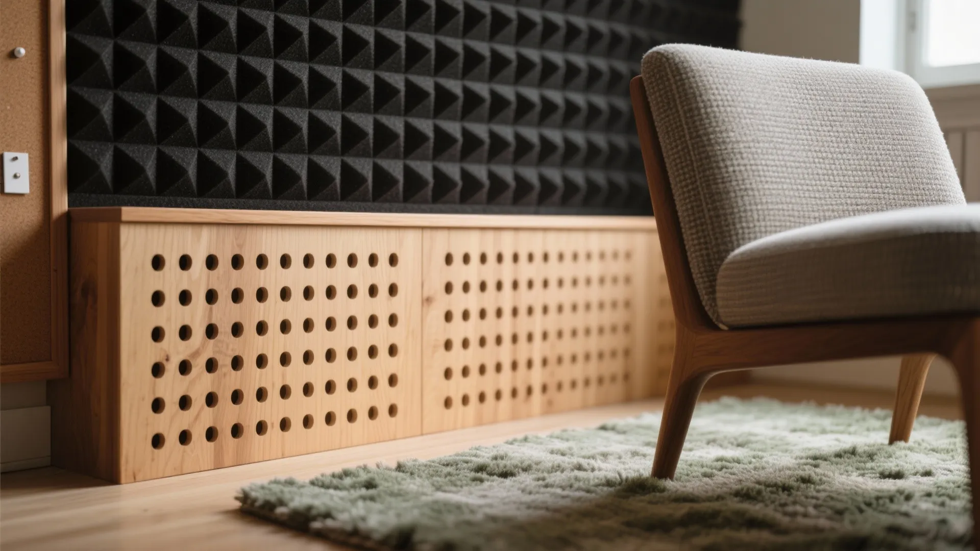 Modern room with black soundproof foam wall wooden cabinet soft grey chair and green rug