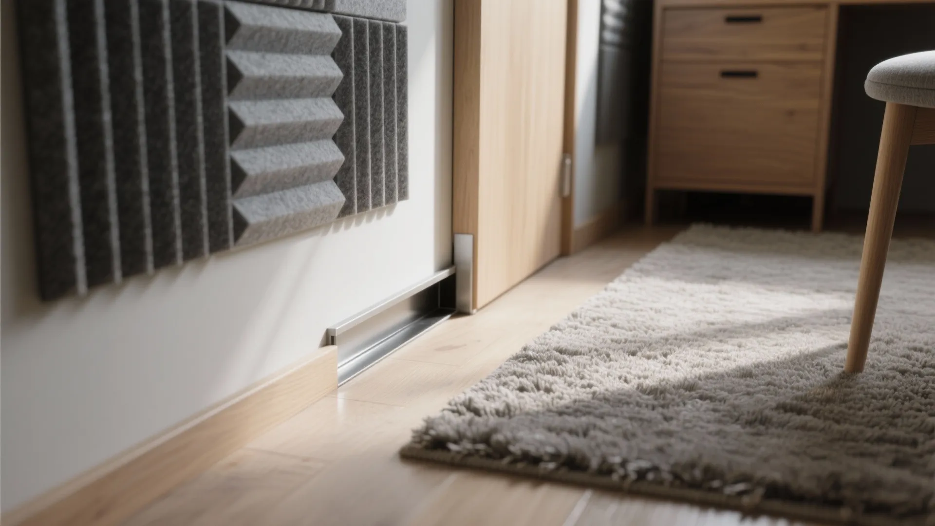 Close-up of acoustic felt panels, a door seal, and a wool rug improving sound in a study room.