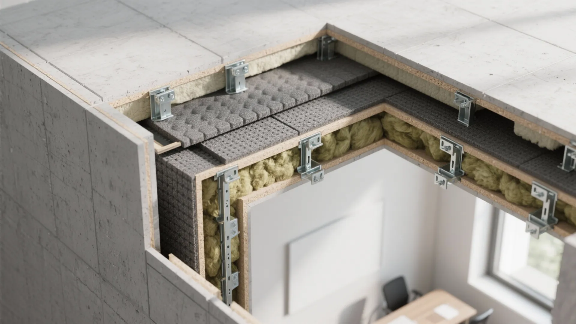 Interior design drawing showing layers of wall insulation materials and metal frame for sound proofing room