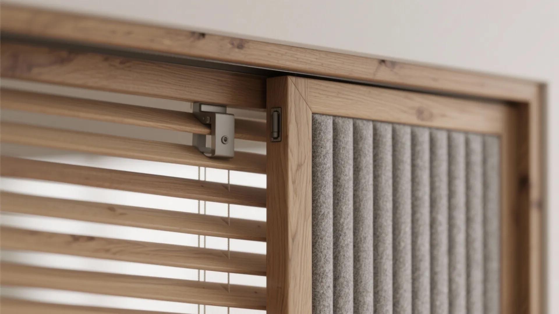 Close-up detail of a wooden door frame with horizontal blinds and a grey fabric panel
