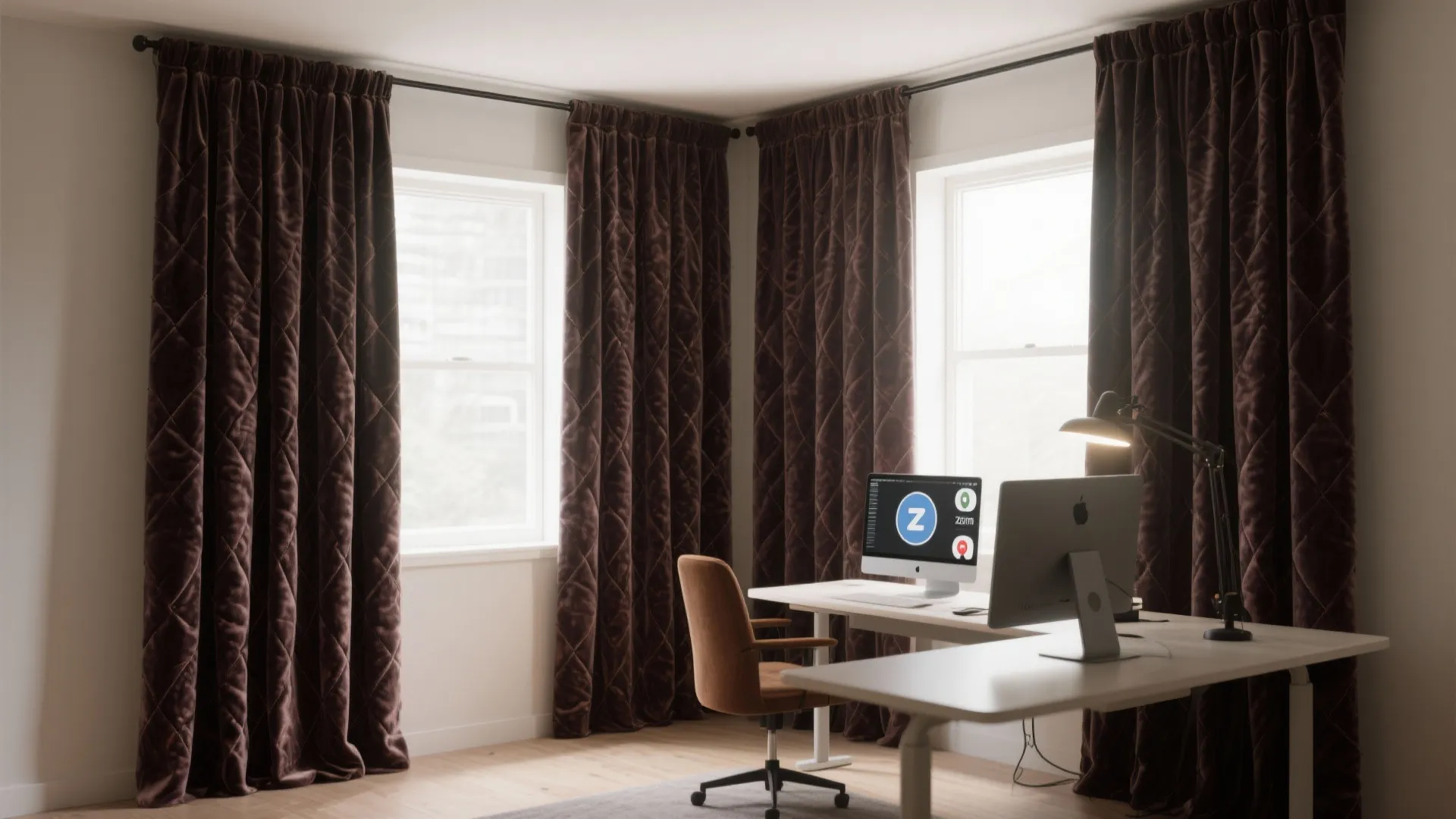 Bright room with dark brown curtains white desk computer brown chair and a black lamp