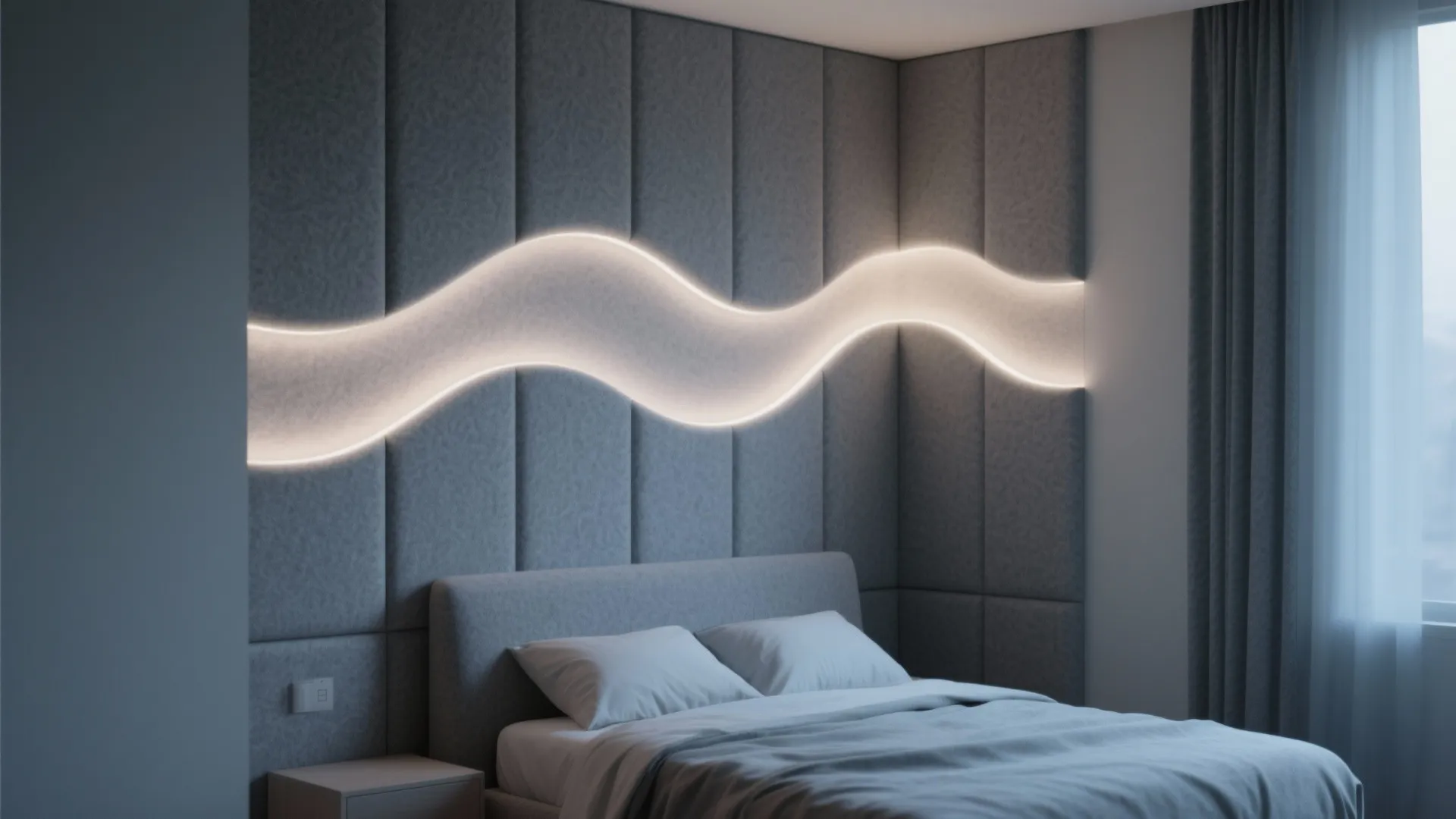 Modern bedroom with grey wall panel, wave light feature, comfortable bed, pillows, and dark curtains