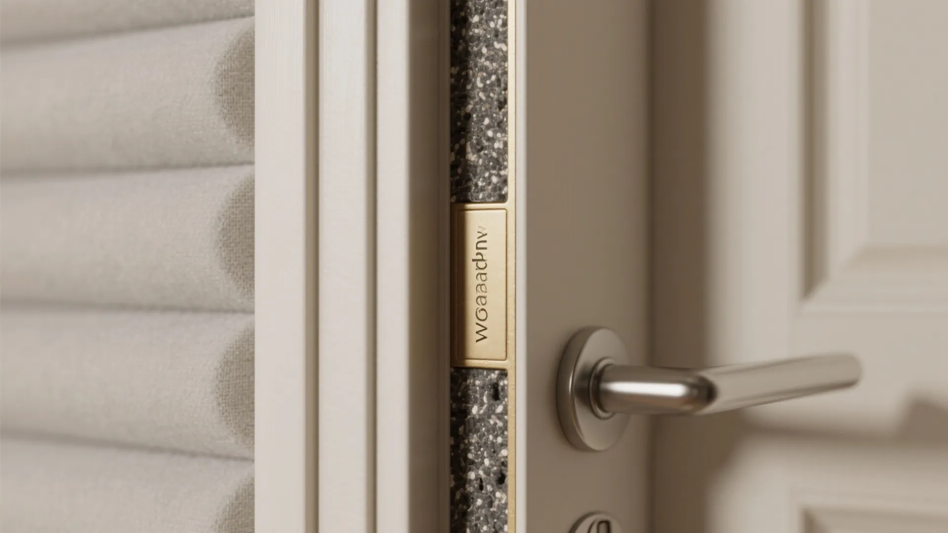 Close-up of acoustic door edge with perimeter seal and satin handle.