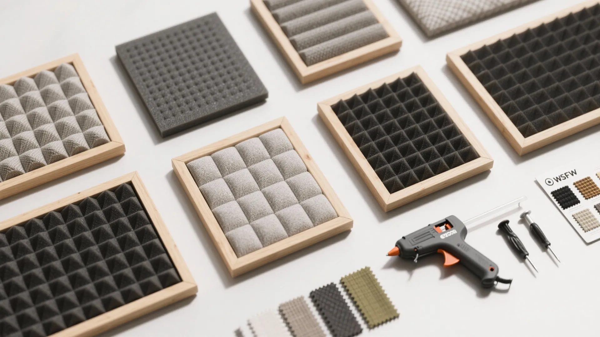 Various sound absorbing wall panel samples in wooden frames with a glue gun and tools