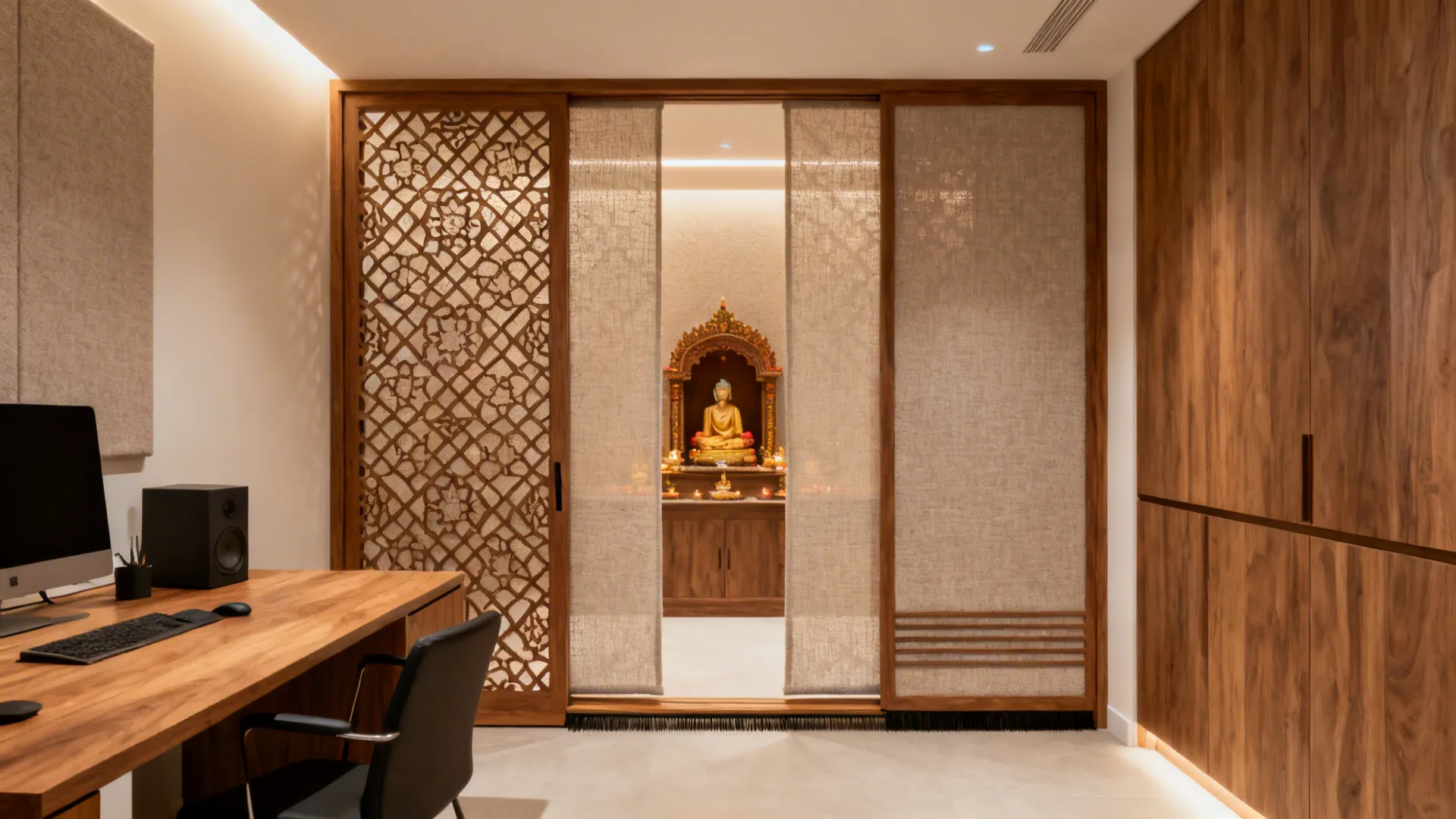 CNC lattice pooja door with acoustic fabric backer in a calm home office setting.