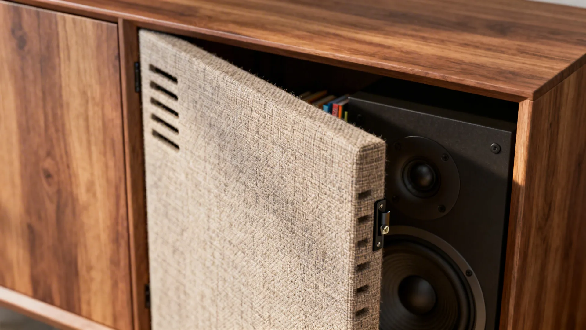 1. Built-in cabinetry with acoustic fabric panels