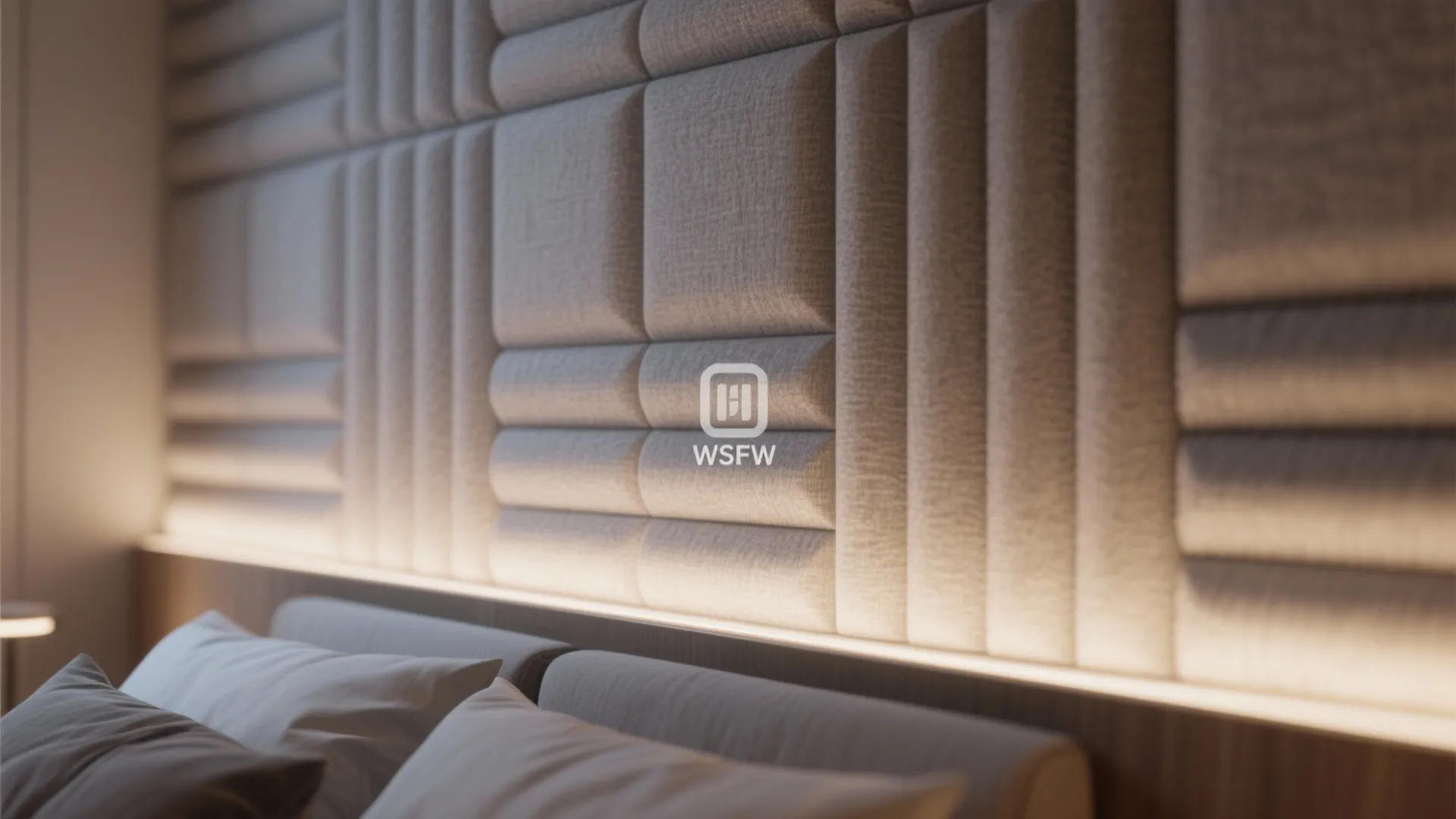 Close up of a padded grey fabric wall panel with light behind it and pillows