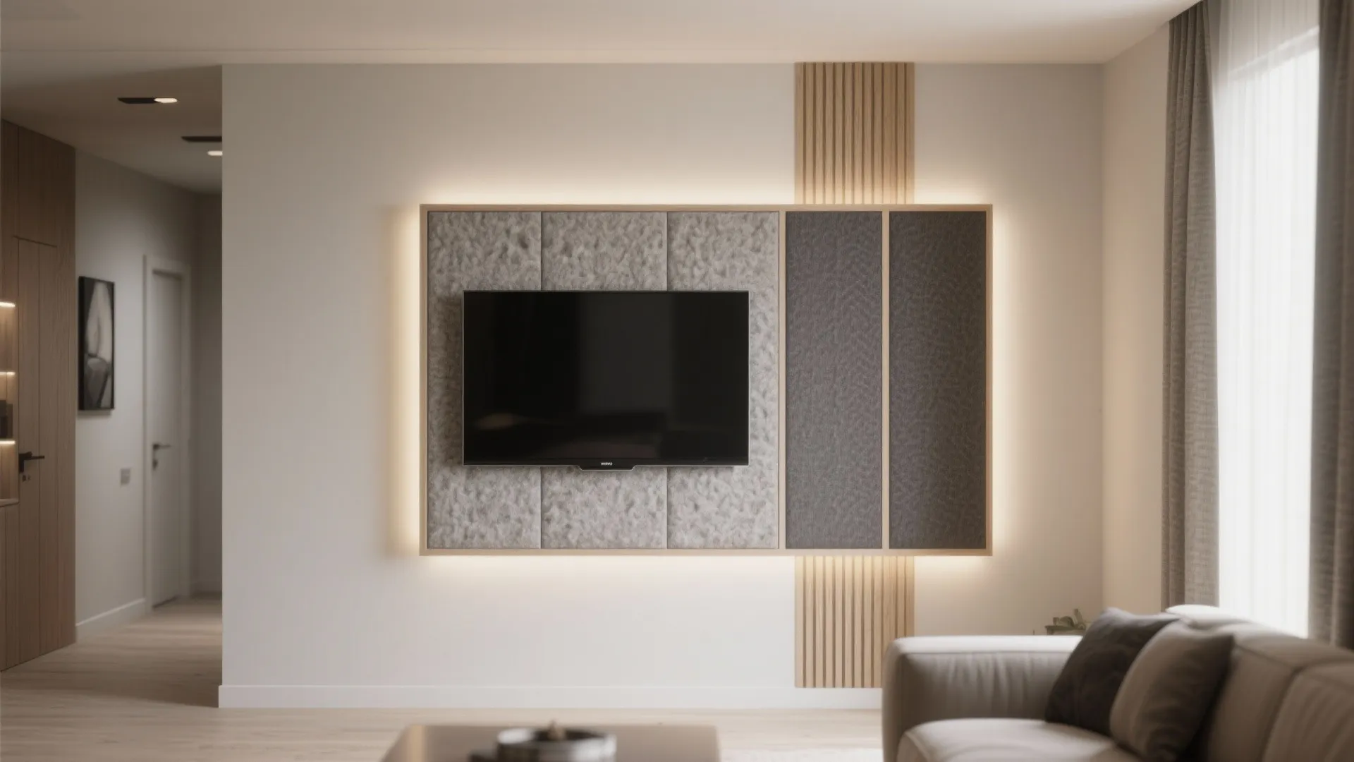 Frame-and-panel feature wall with acoustic fabric