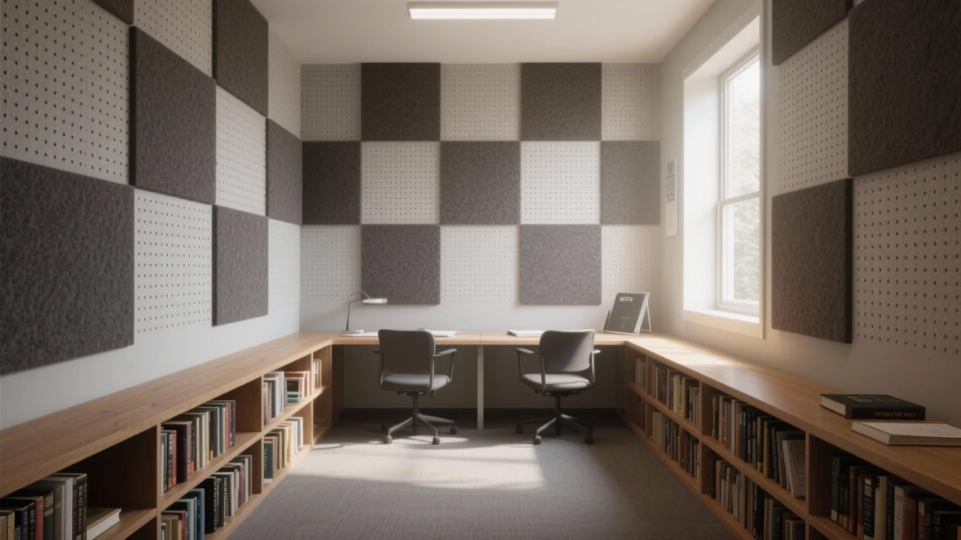 Acoustic softening with felt panels and book-lined walls