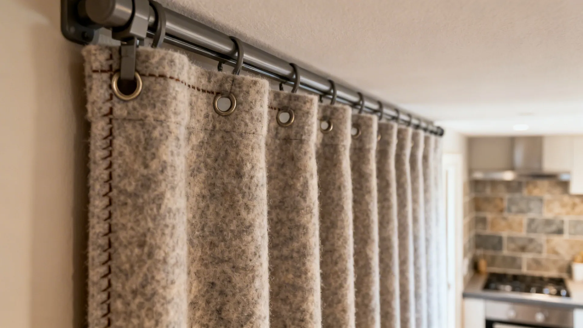 Macro detail of thick acoustic felt curtain on a sturdy ceiling track near a modern small kitchen.