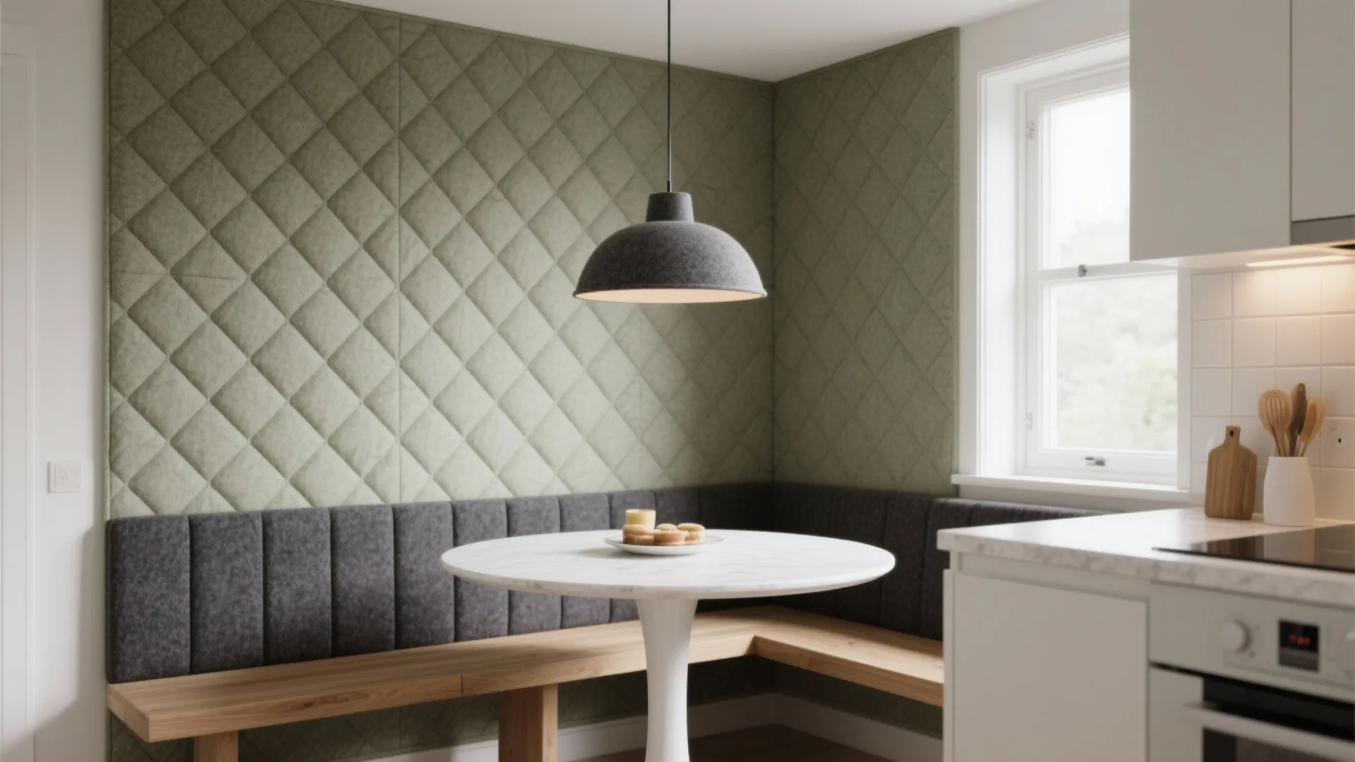 Soft-Spoken Acoustic Paneling Near Dining Nook