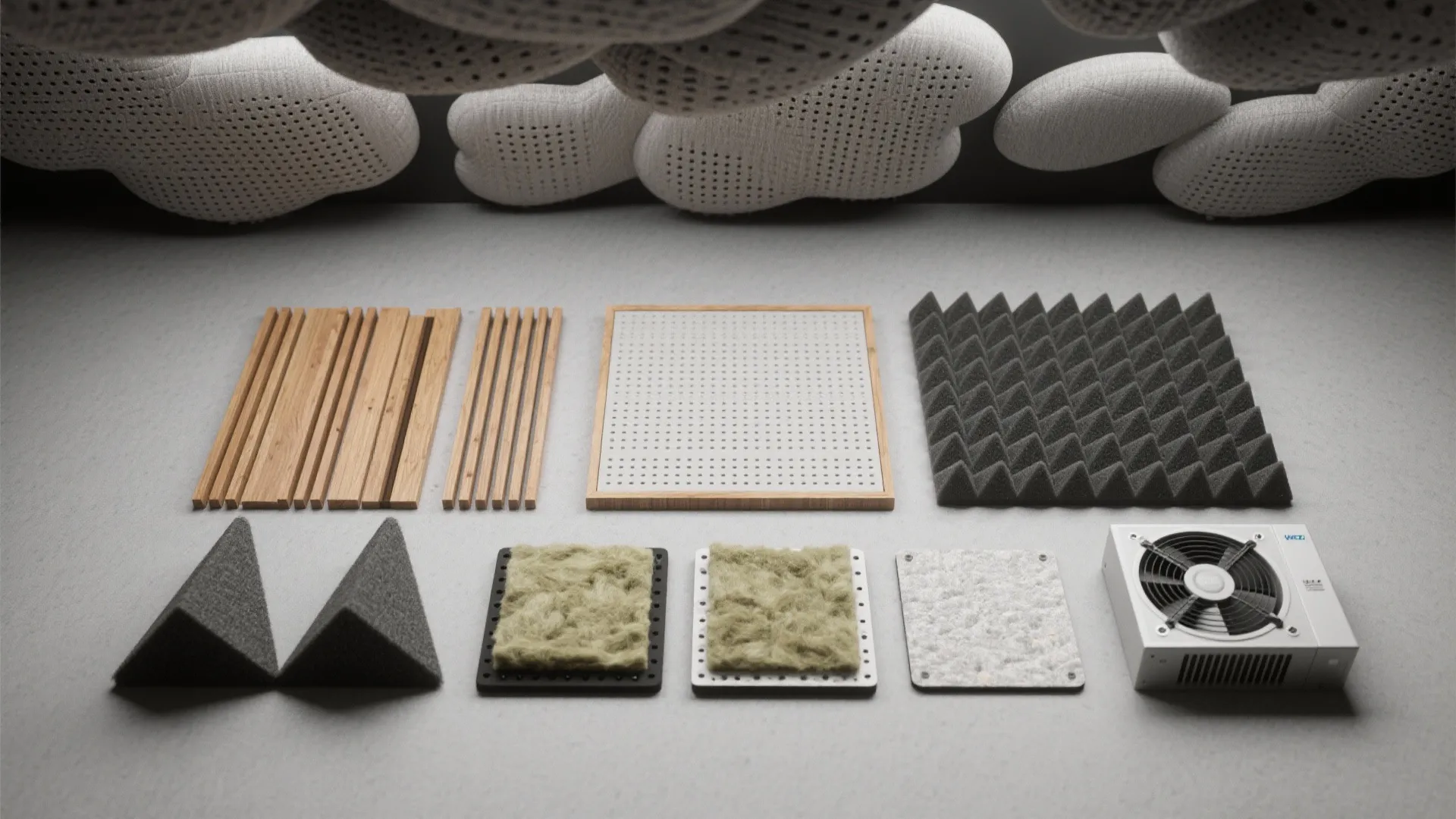 Different wall panel materials and sound proofing foam blocks arranged on a flat grey surface area