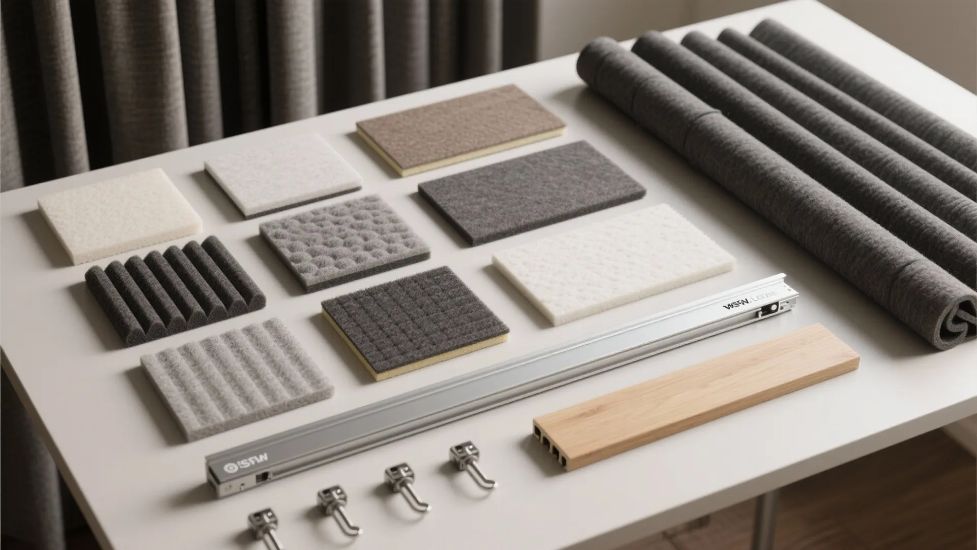 Flat lay of acoustic fabric swatches, felt panels, foam core, and ceiling track with returns.
