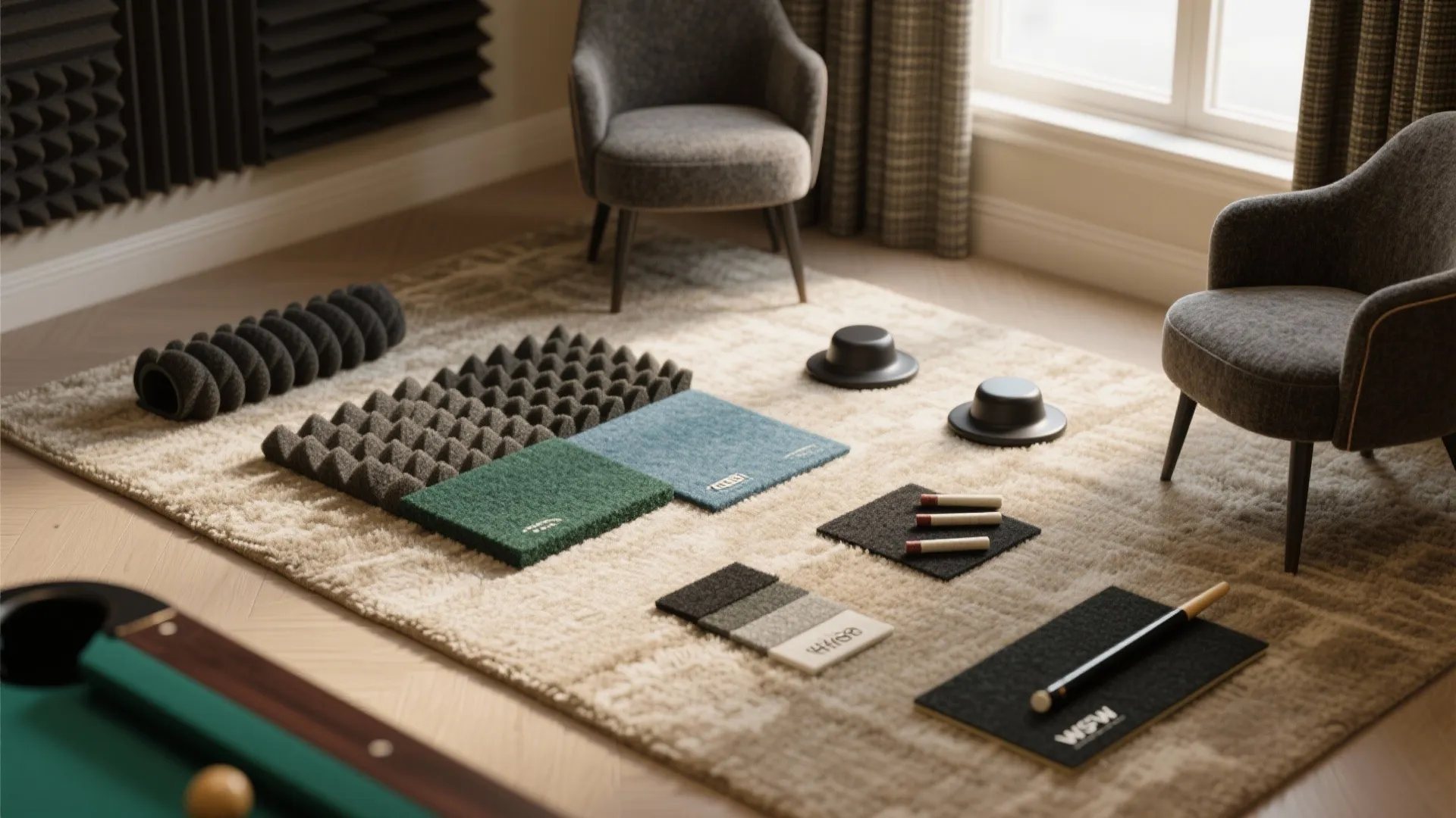 Interior design materials including foam panels and carpet samples displayed on a large beige rug floor