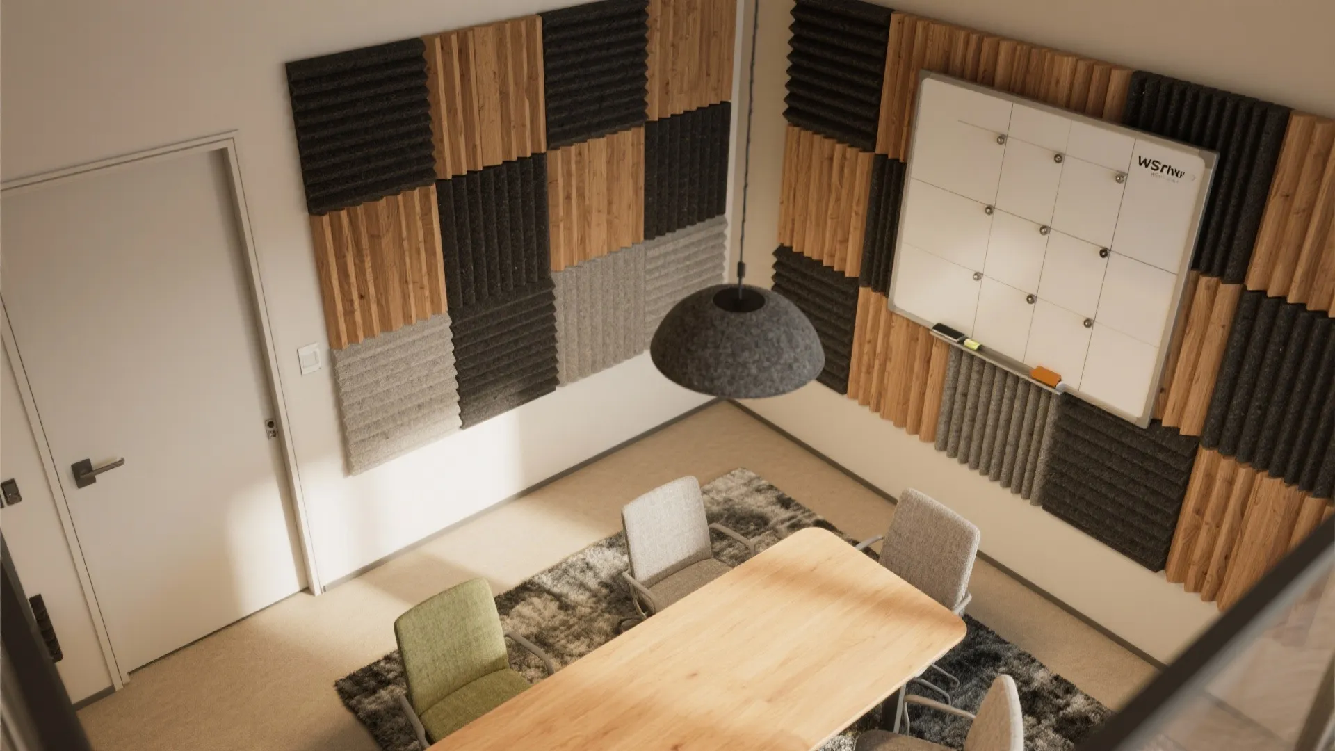 Top view of a meeting room with decorative wall panels a wooden table and several chairs