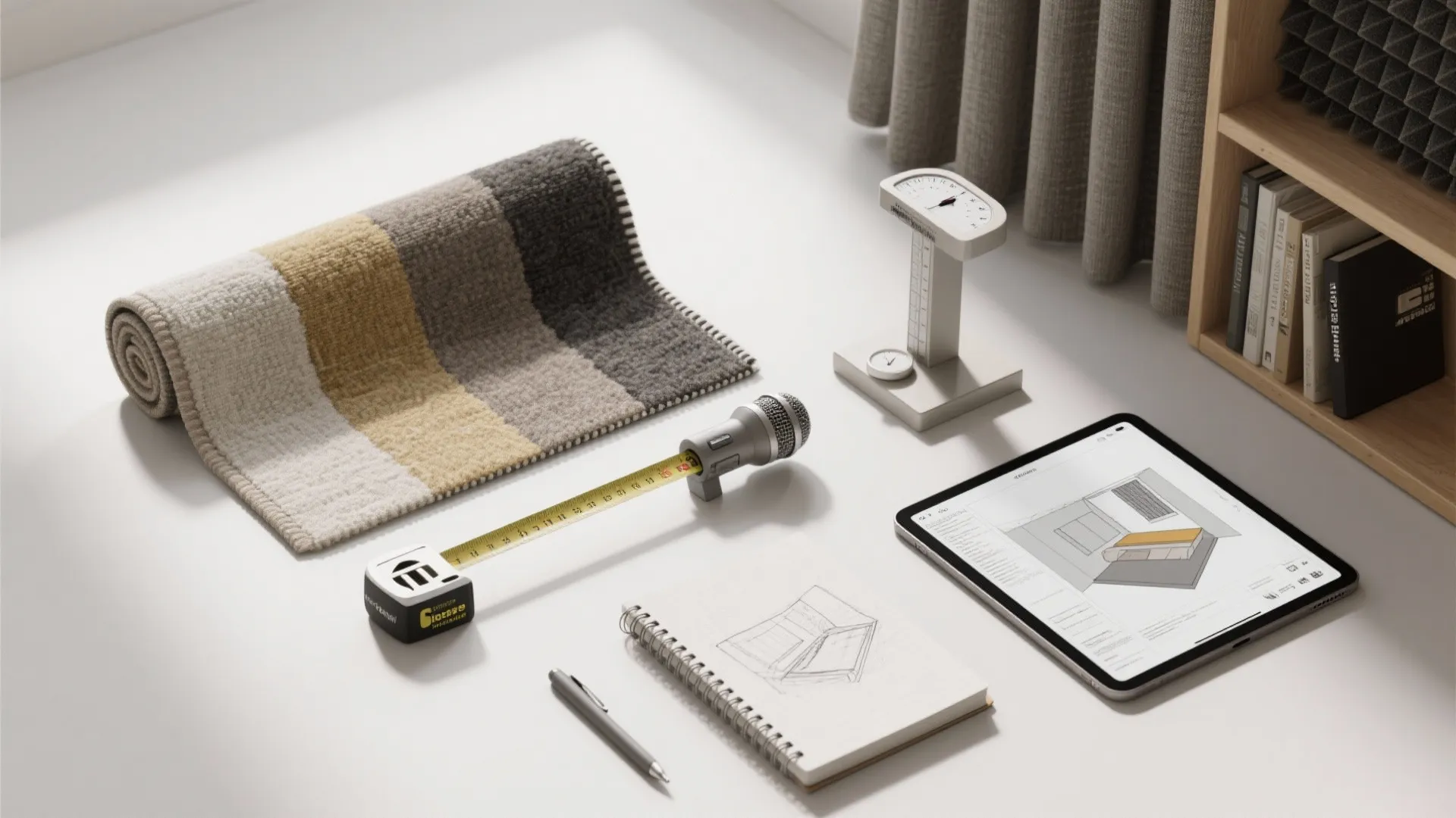 Flatlay of rugs, curtain samples, measurement mic and sketches for low-cost acoustic improvements.