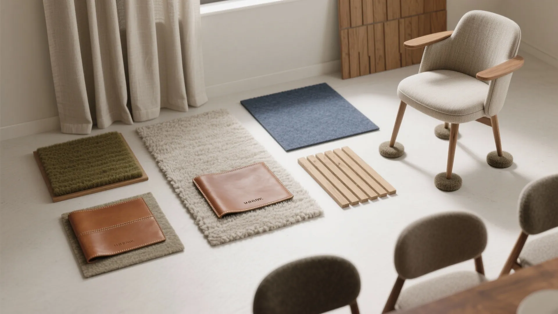 Interior design material samples including leather wood fabric and rugs placed on a white floor surface