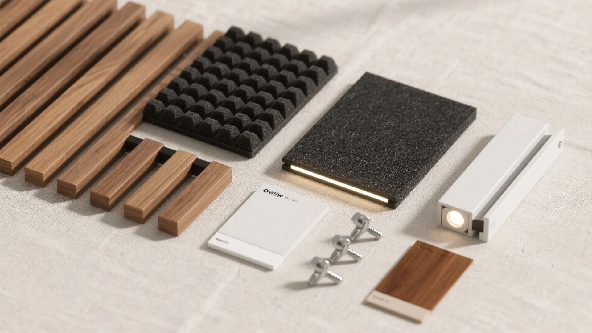 Collection of interior design materials including wood slats acoustic foam light fixture and sample cards