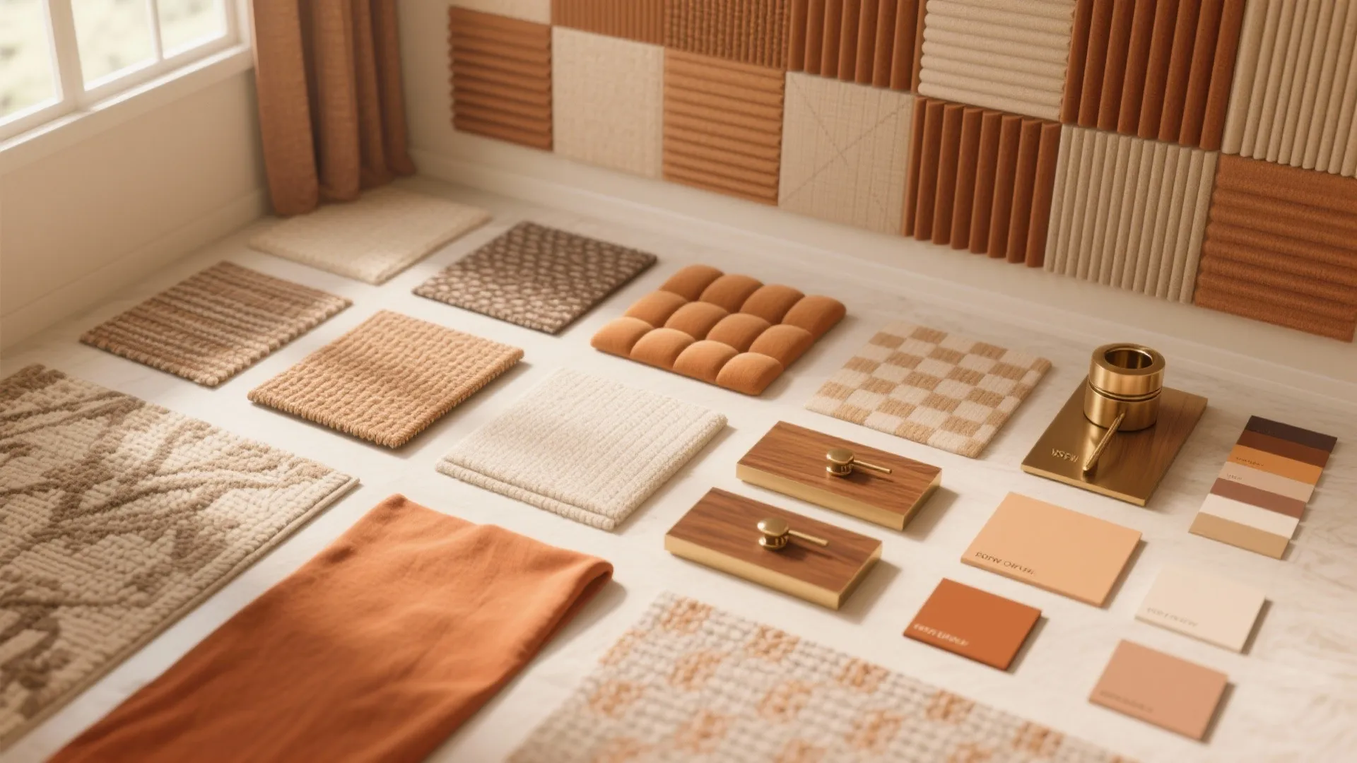 Interior design material board with fabric swatches wood samples paint colors and wall panel textures displayed