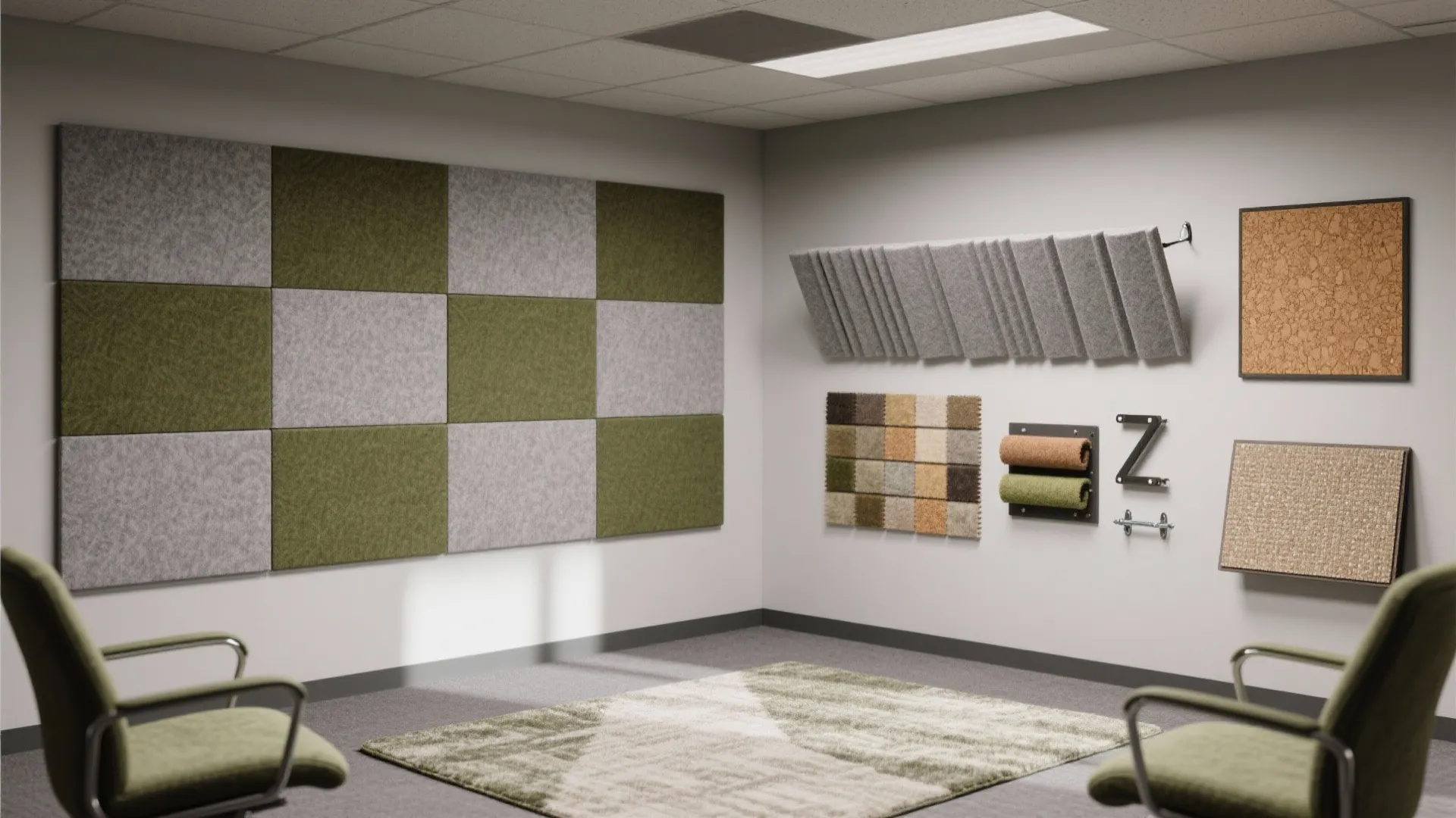Flat lay of acoustic materials: PET felt panels, wool fabric, cork tiles, rug sample, and mounting hardware