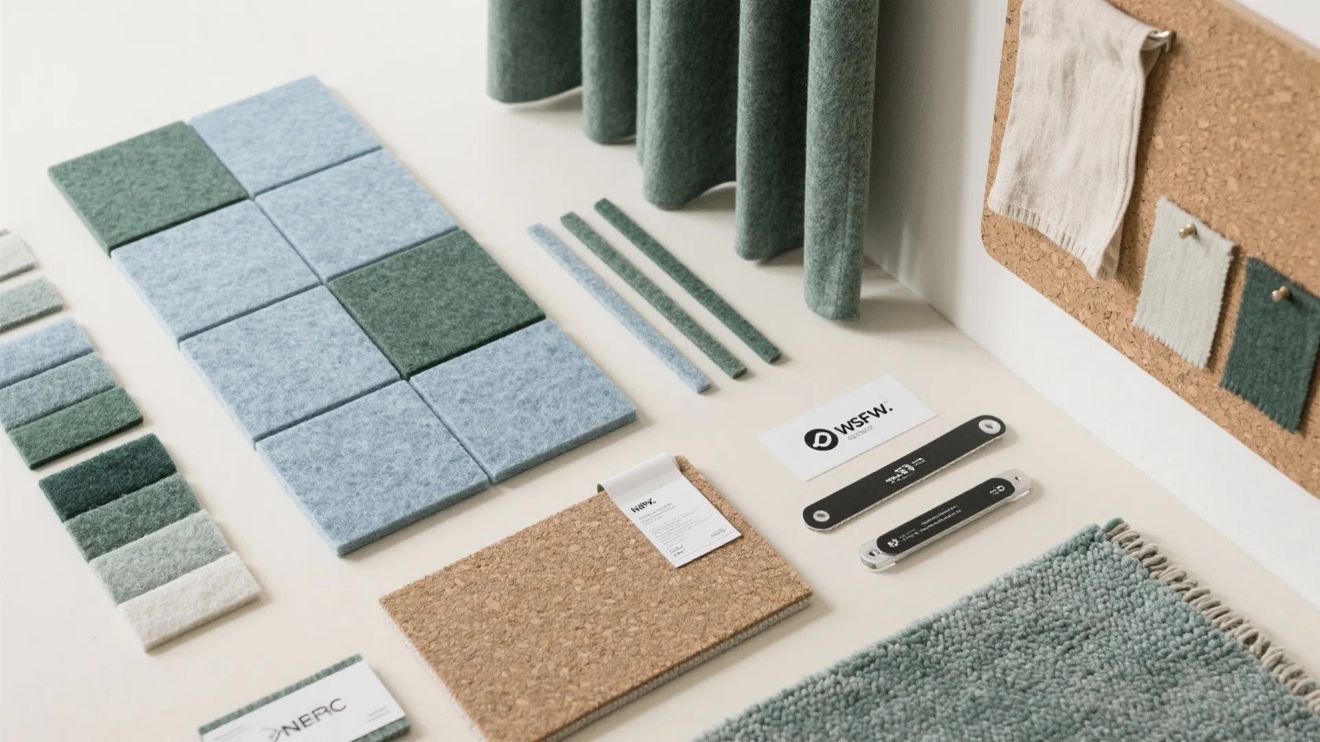 Interior design mood board with green felt tiles cork board fabric swatches and color samples