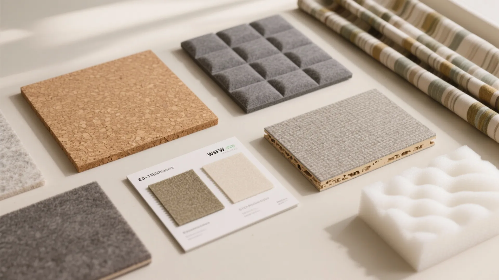 Material board with cork square grey foam panel striped fabric samples and interior design color swatches