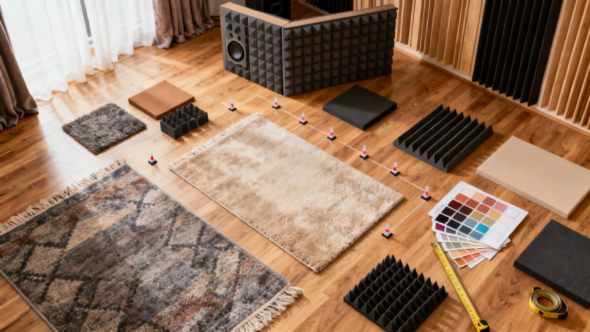 Flatlay of rugs, bass traps, diffusers and planning tools for room acoustic treatment.