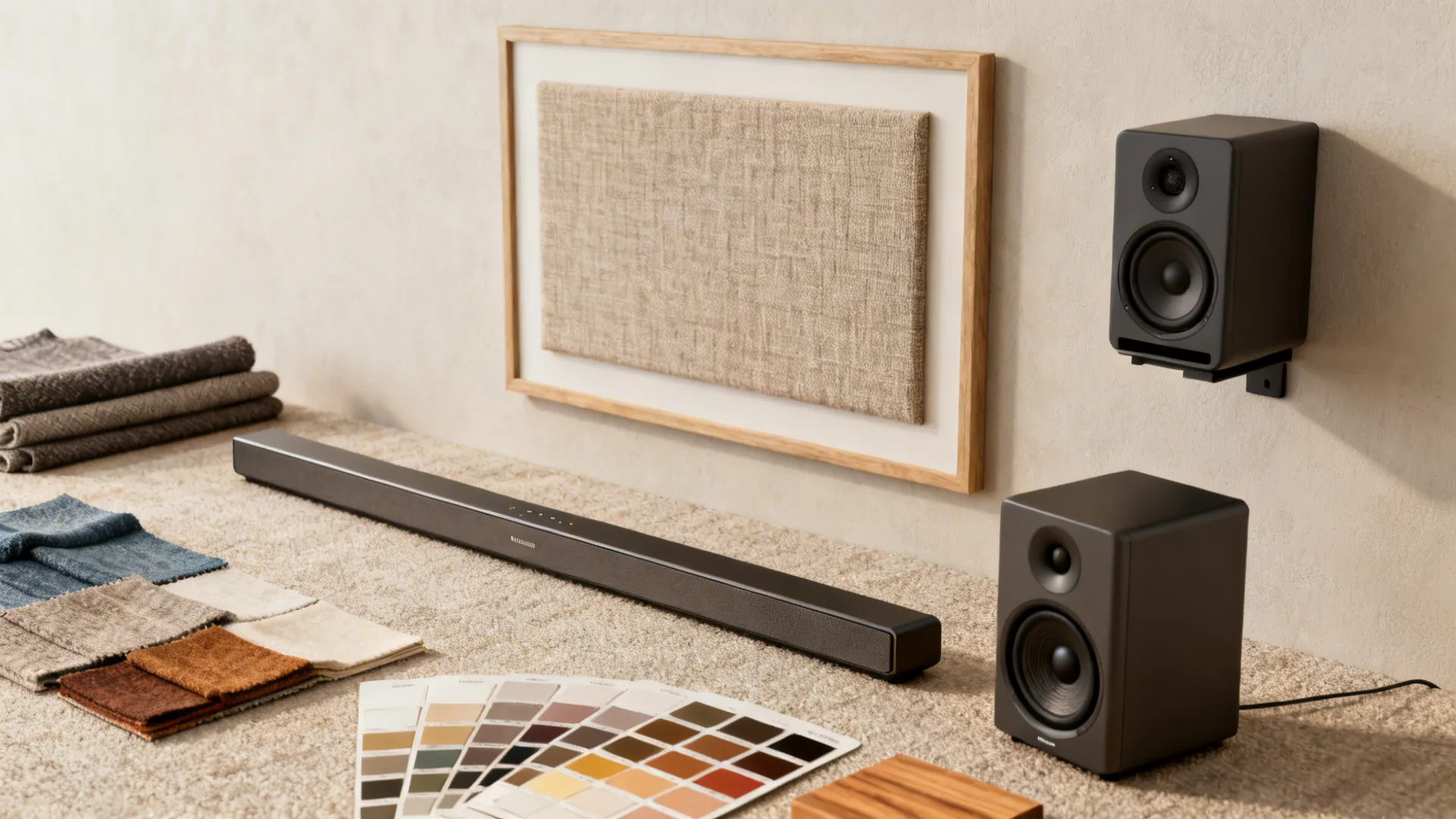 Flatlay of soundbar, subwoofer, acoustic panel disguised as artwork, and material swatches.