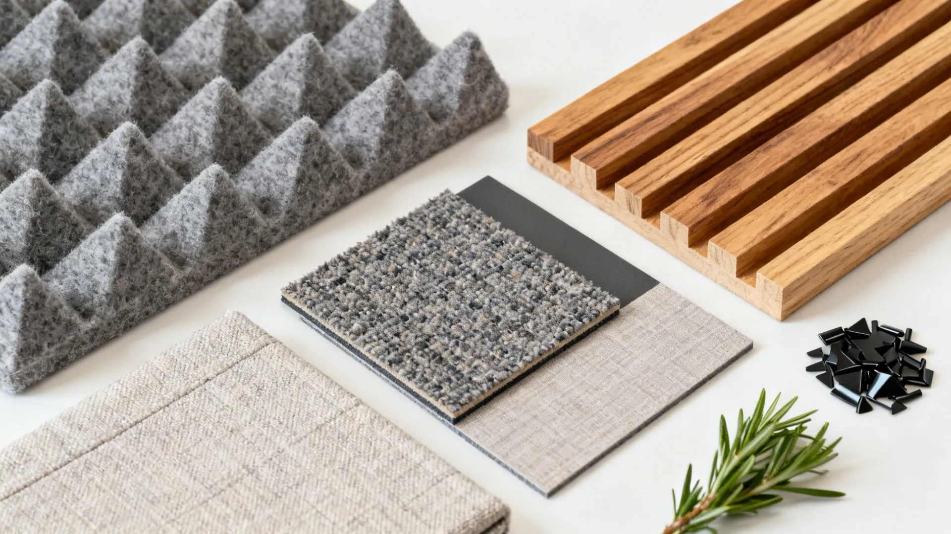 Flat lay of felt baffle, carpet tile, fabric panel, oak slat, and black metal finishes.