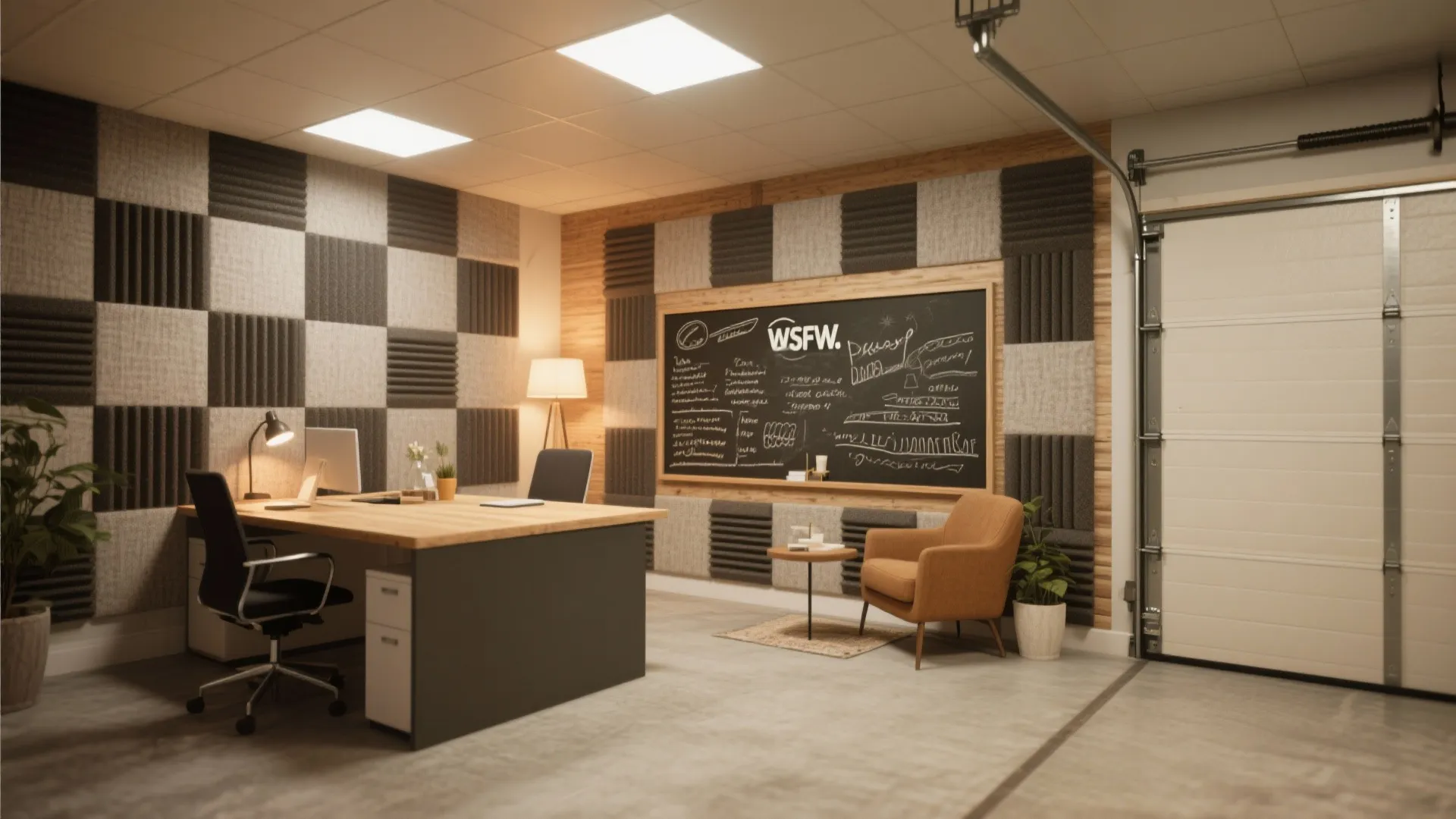 Professional garage office with acoustic wall panels large desk orange armchair and big black chalkboard