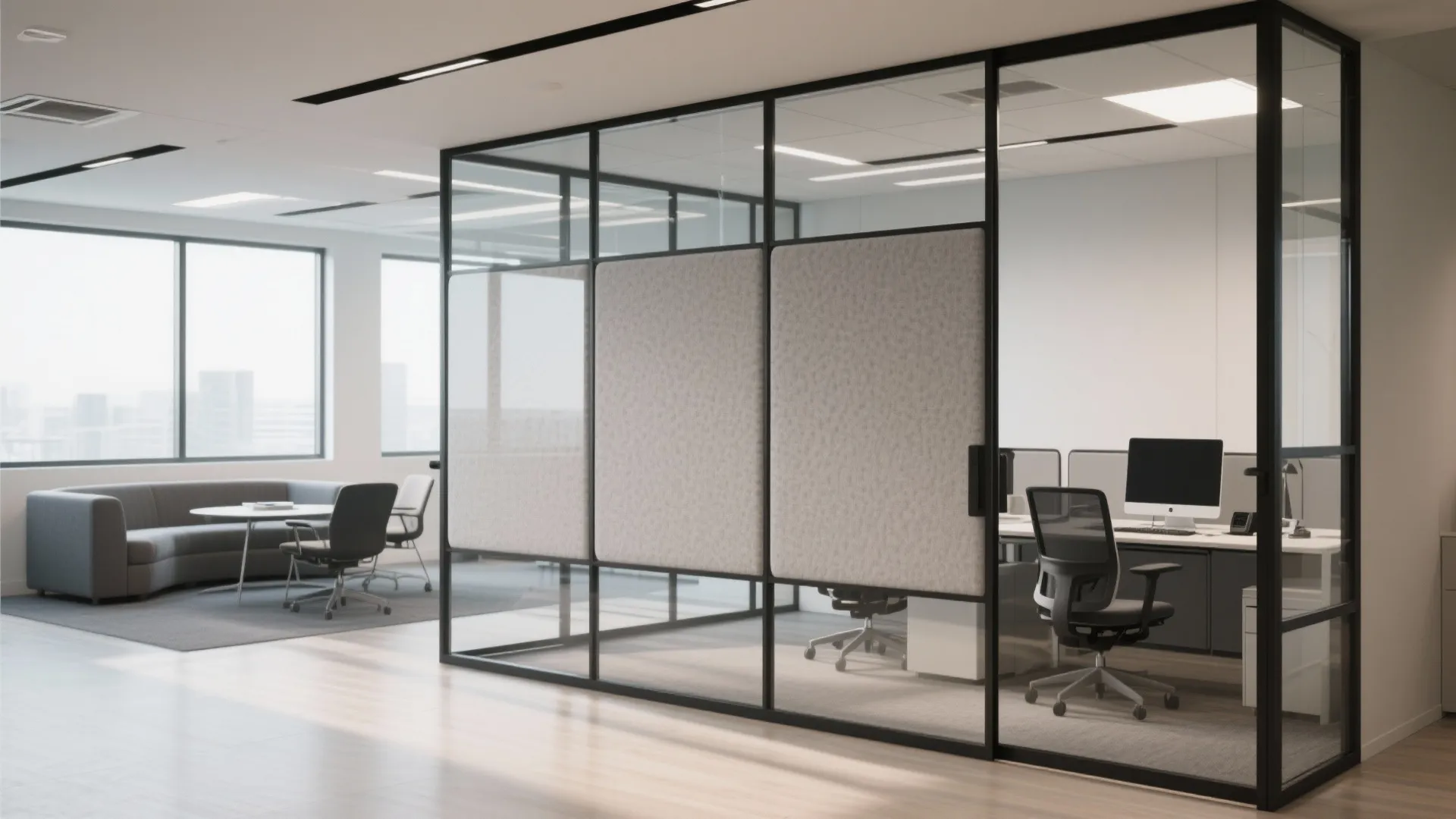 Modern office interior featuring glass wall partitions with grey panels and black frames near desks