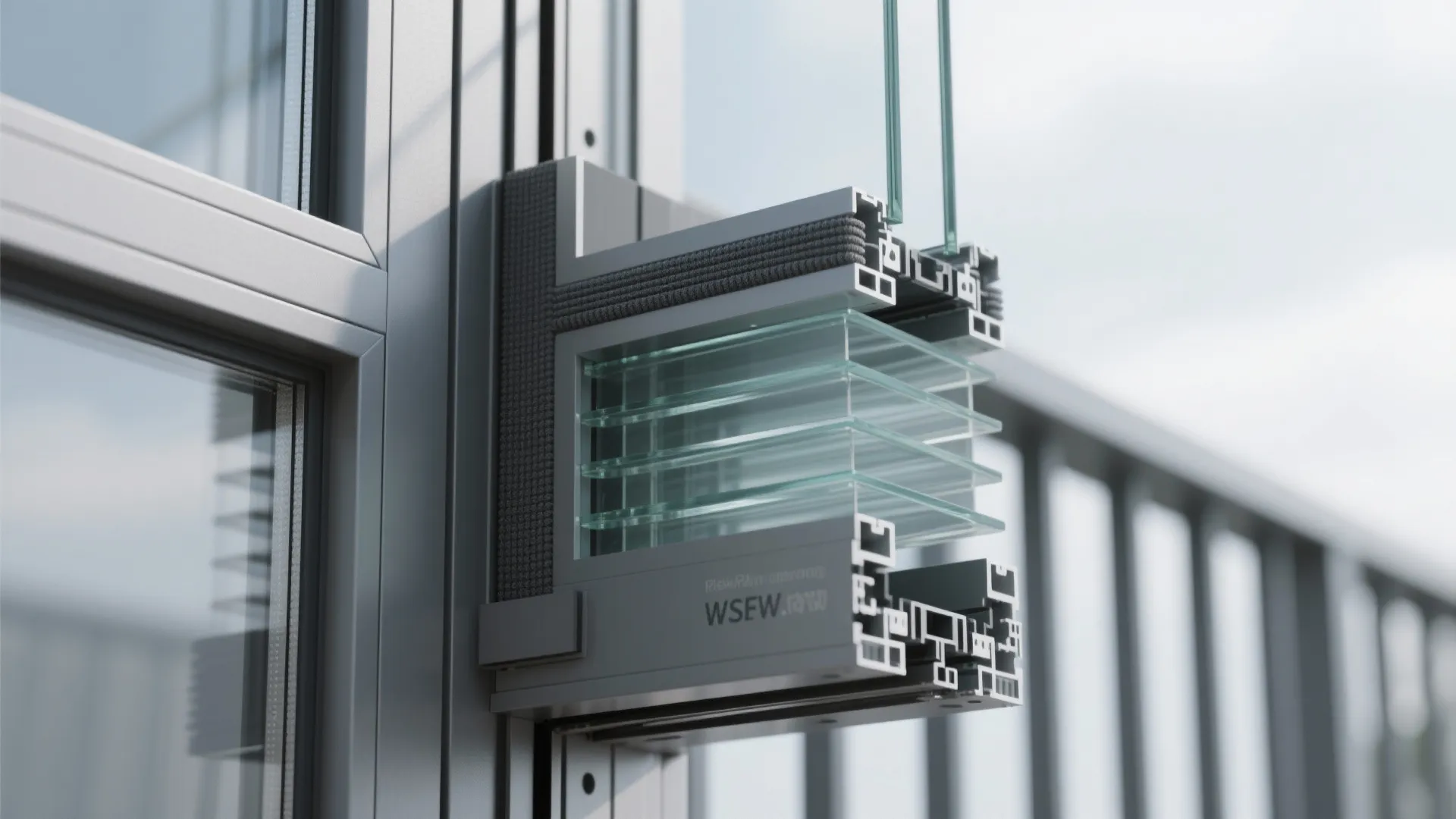 Cross section of a grey window frame showing thick layers of glass for quiet home