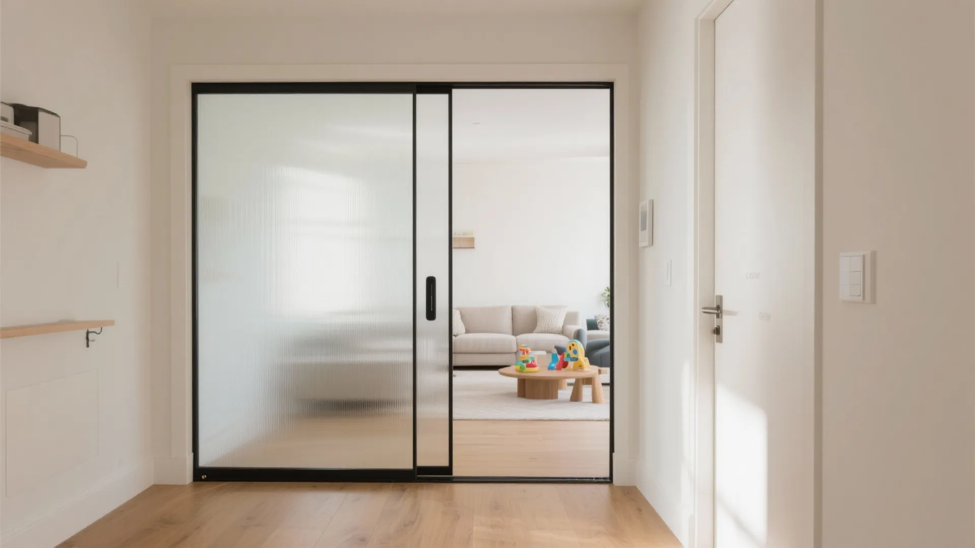 Black framed sliding glass door opening into bright living room with sofa and coffee table