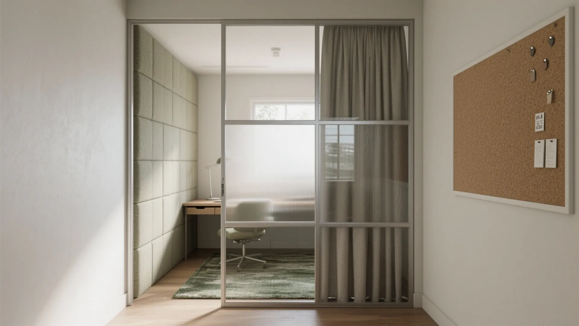 Acoustic layers with textiles and a glazed partition