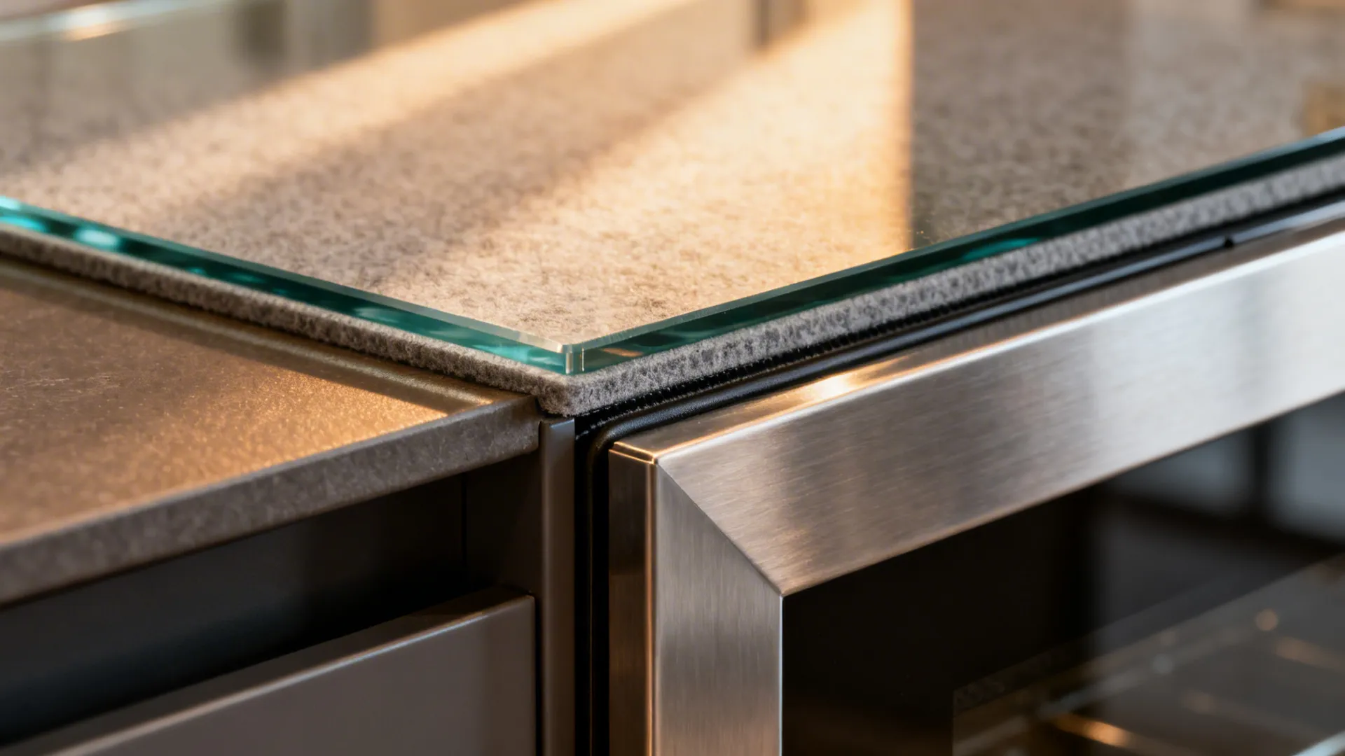 Close-up of laminated acoustic glass and metal frame details with clean, precise seals.