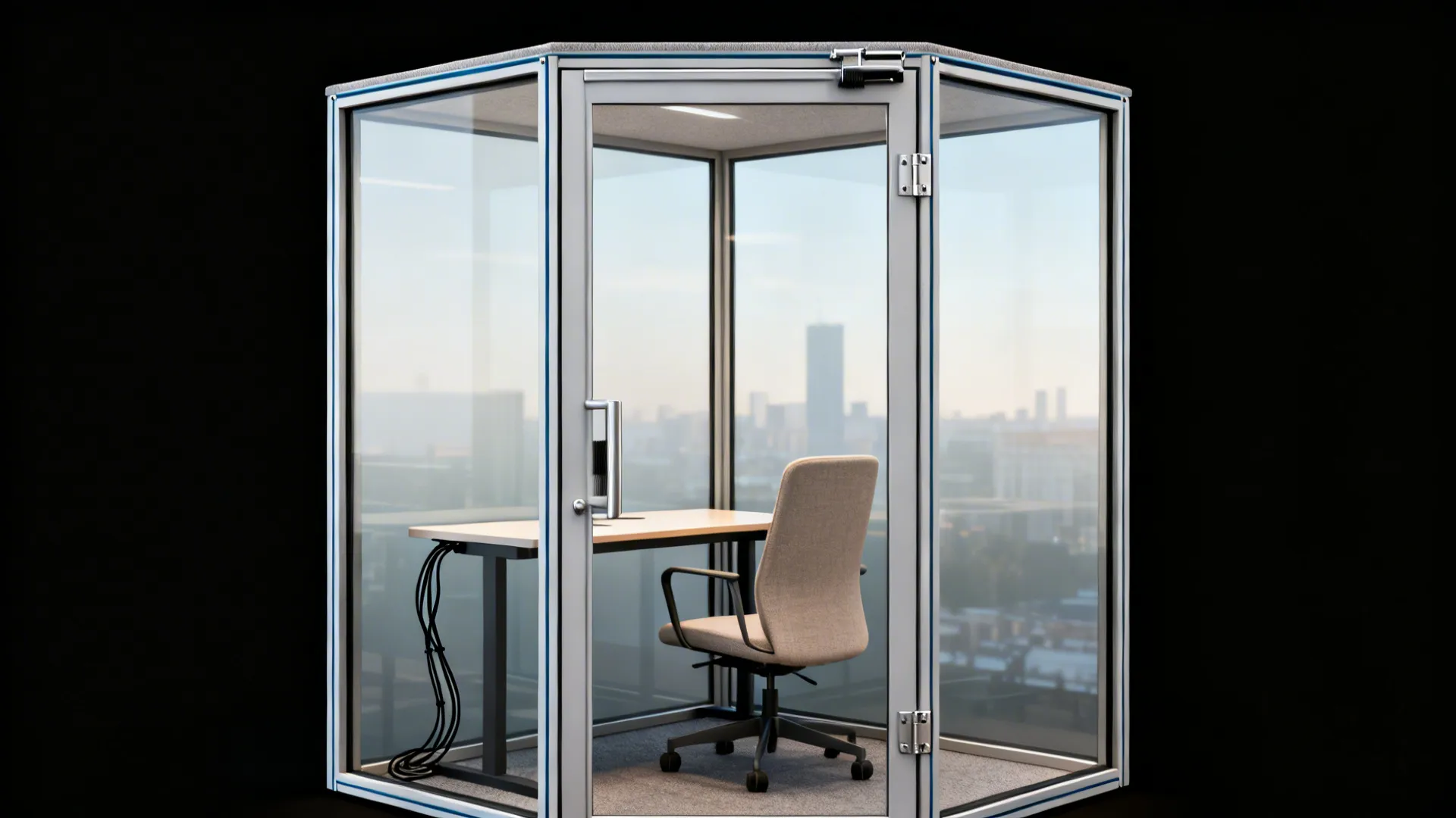 A 10x10 acoustic laminated glass office nook with sealed frames and a hinged door in a living room.