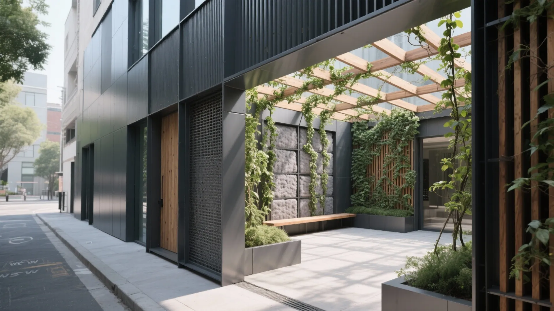 Acoustic and neighbor-friendly steel boundary with green cladding