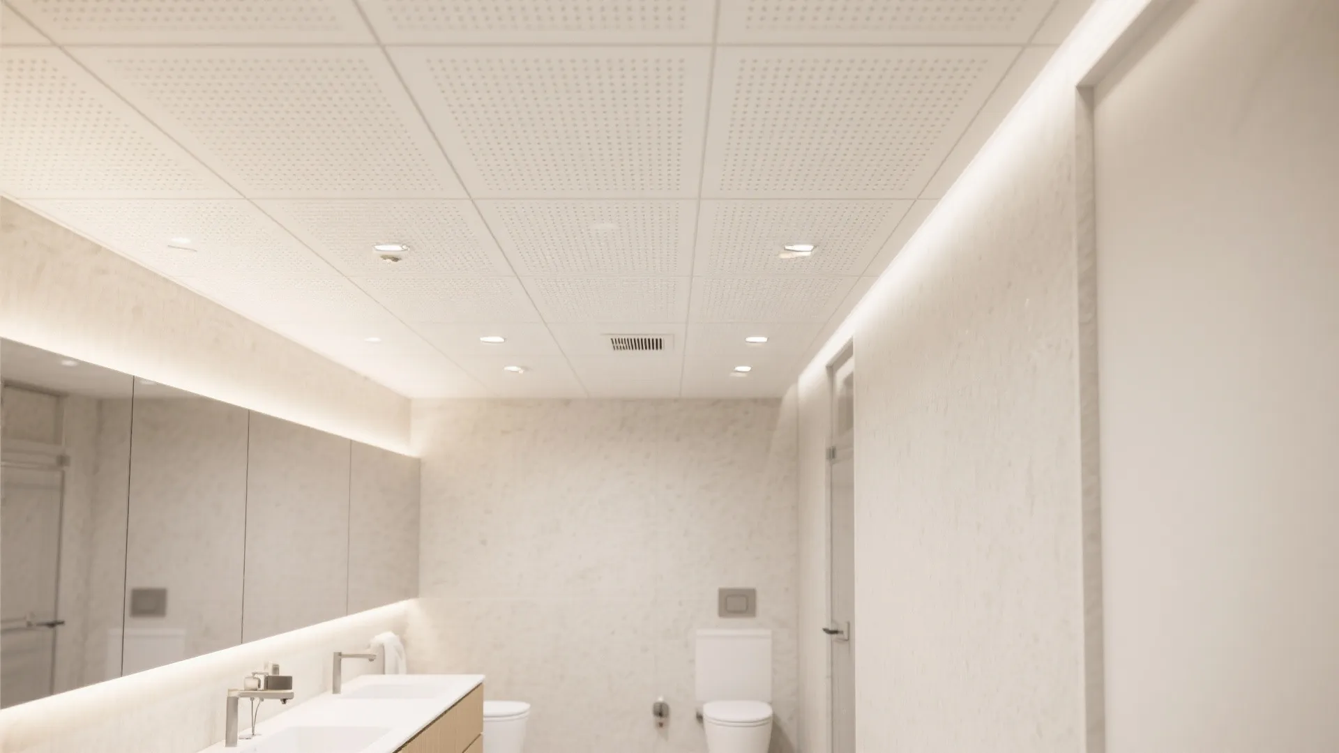 Acoustic panels in a damp-rated grid for spa calm